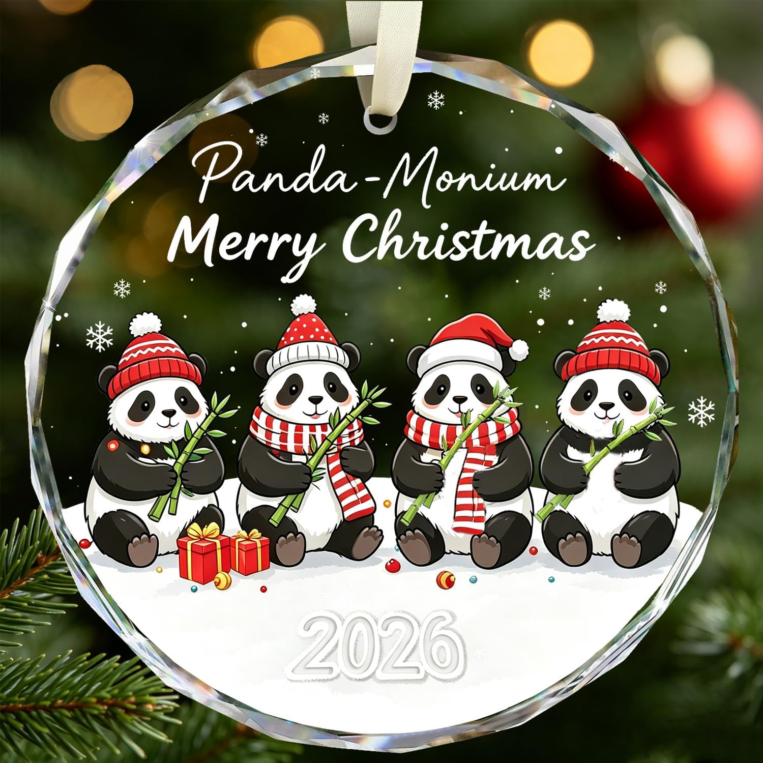 VYBRID 2026 Family Crystal Ornament, Cute Panda‑Monium Xmas Tree Hanging Ornament, Merry Christmas Keepsake Decoration, for Panda & Animal Lovers