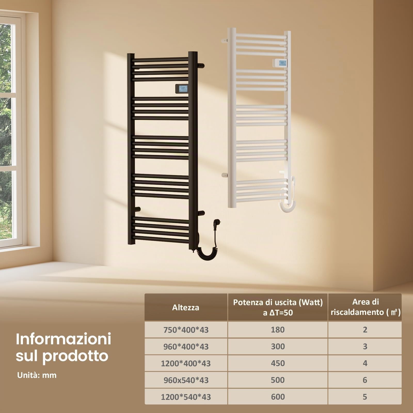 EMKE Termoarredo elettrico 120x40cm, 450W, Radiatore da bagno con display digitale, scaldasalviette elettrico bagno diritto (Bianco)