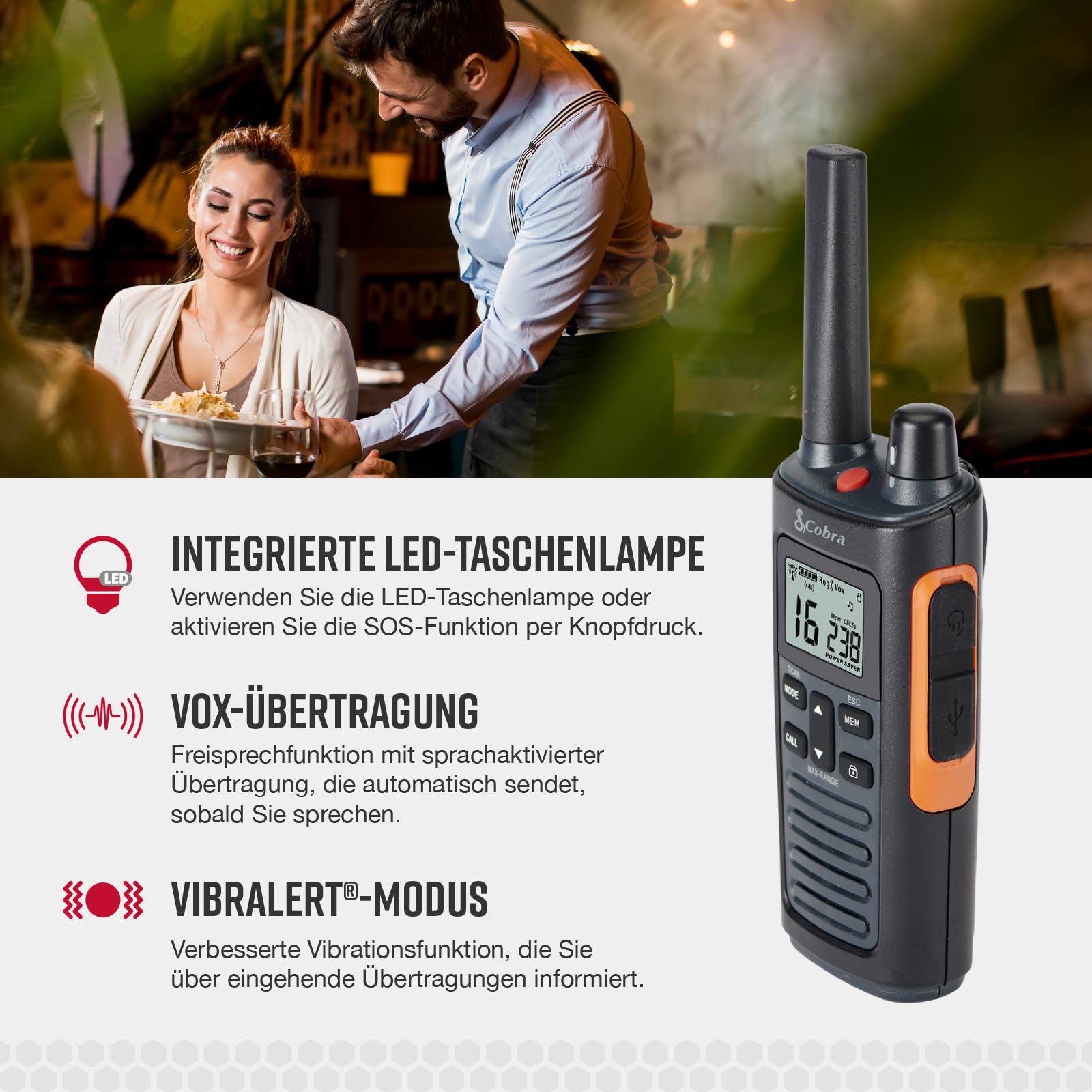 Cobra RX680 Walkie-Talkies (2er-Pack) – Wiederaufladbare PMR446-Funkgeräte für Freizeit und Beruf, große Reichweite, staubgeschützt und spritzwassergeschützt (IP54), Schwarz und Orange