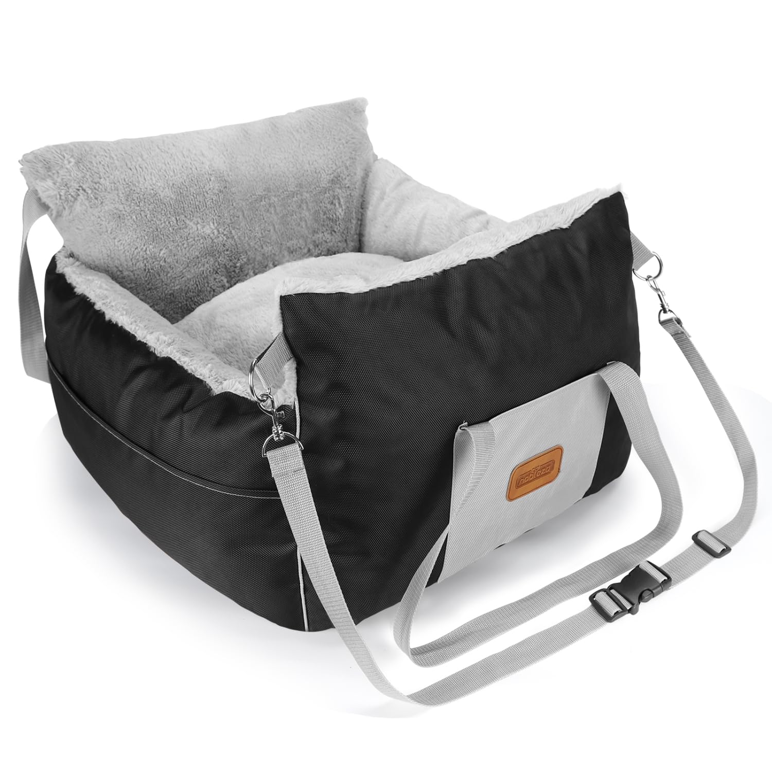 Nobleza Dog Car Seat - Waterproof Warm Plush Bed With Storage Pockets, Durable Booster for Small Dogs and Cats, Non-Slip Travel Bed With Safety Leash, Black