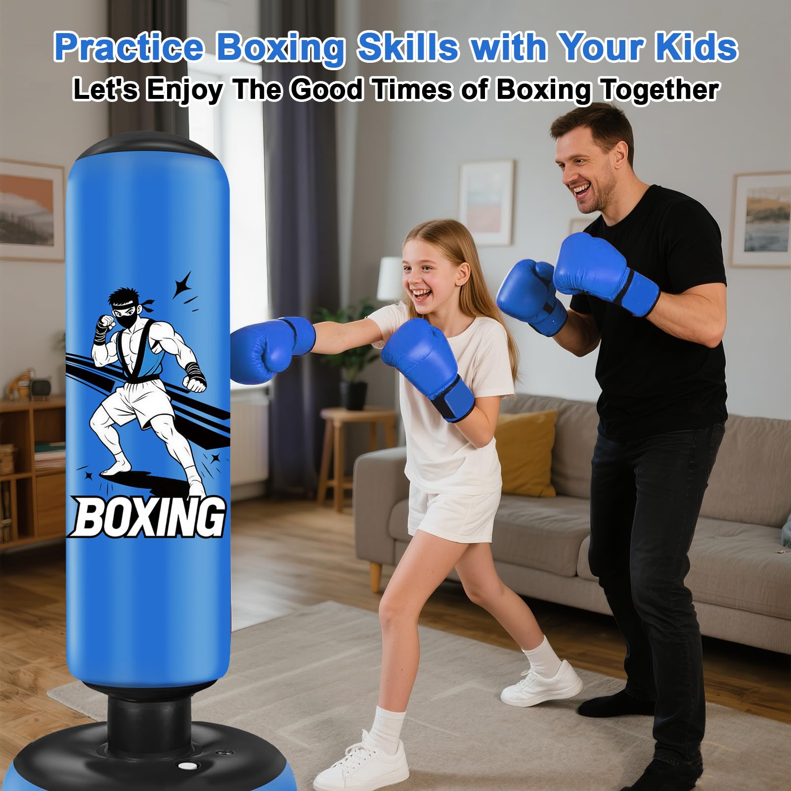 Boxsack für Kinder, 168cm Boxsack Stehender, Aufblasbarer Standboxsack mit Boxhandschuhe und Luftpumpe, Boxing Bag, Geschenk für Jungen & Mädchen von 6–15 Jahren Üben von Karate, Kickboxen,Taekwondo