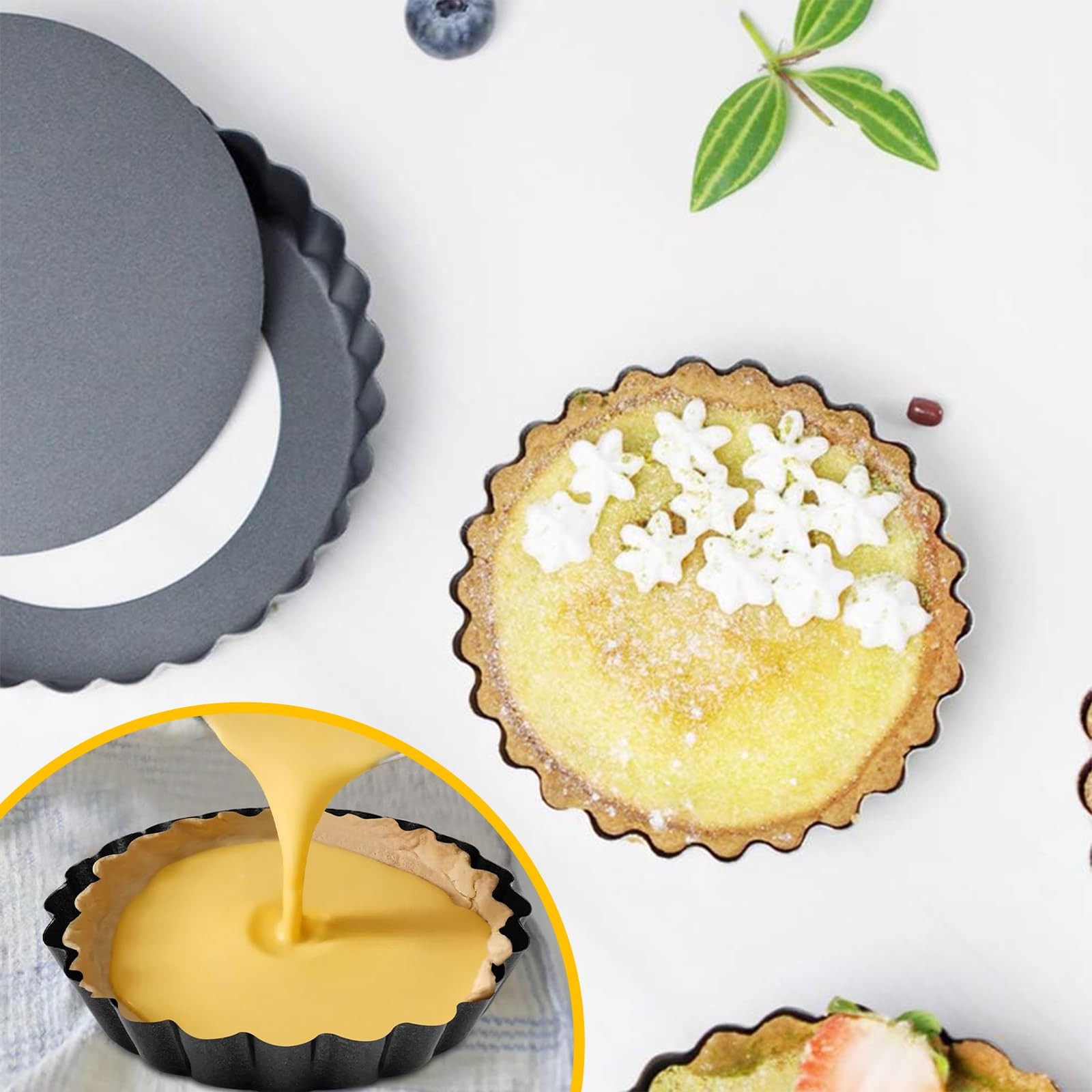 12 Pezzi tortiera con Fondo sollevabile, Mini Stampo per Quiche Rivestimento Antiaderente, Set di stampi per tartellette per Quiche, Torta di Frutta, pasteis de Nata (Nero)