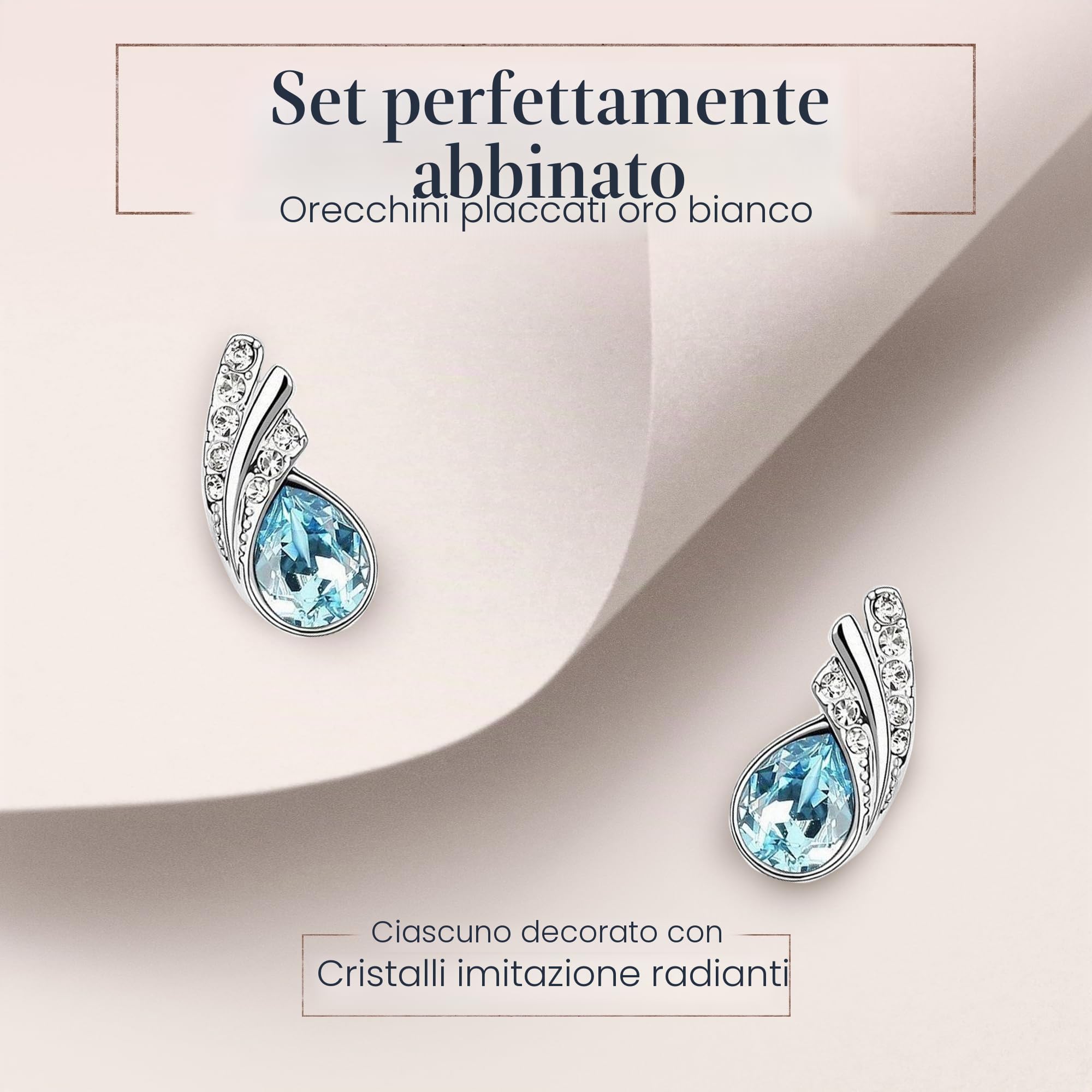 Crystalline Azuria Donna 18ct Placcato Oro Bianco Lacrima Cristalli Blu Acquamarina simulato Parure Collana con Ciondolo 45 cm Orecchini