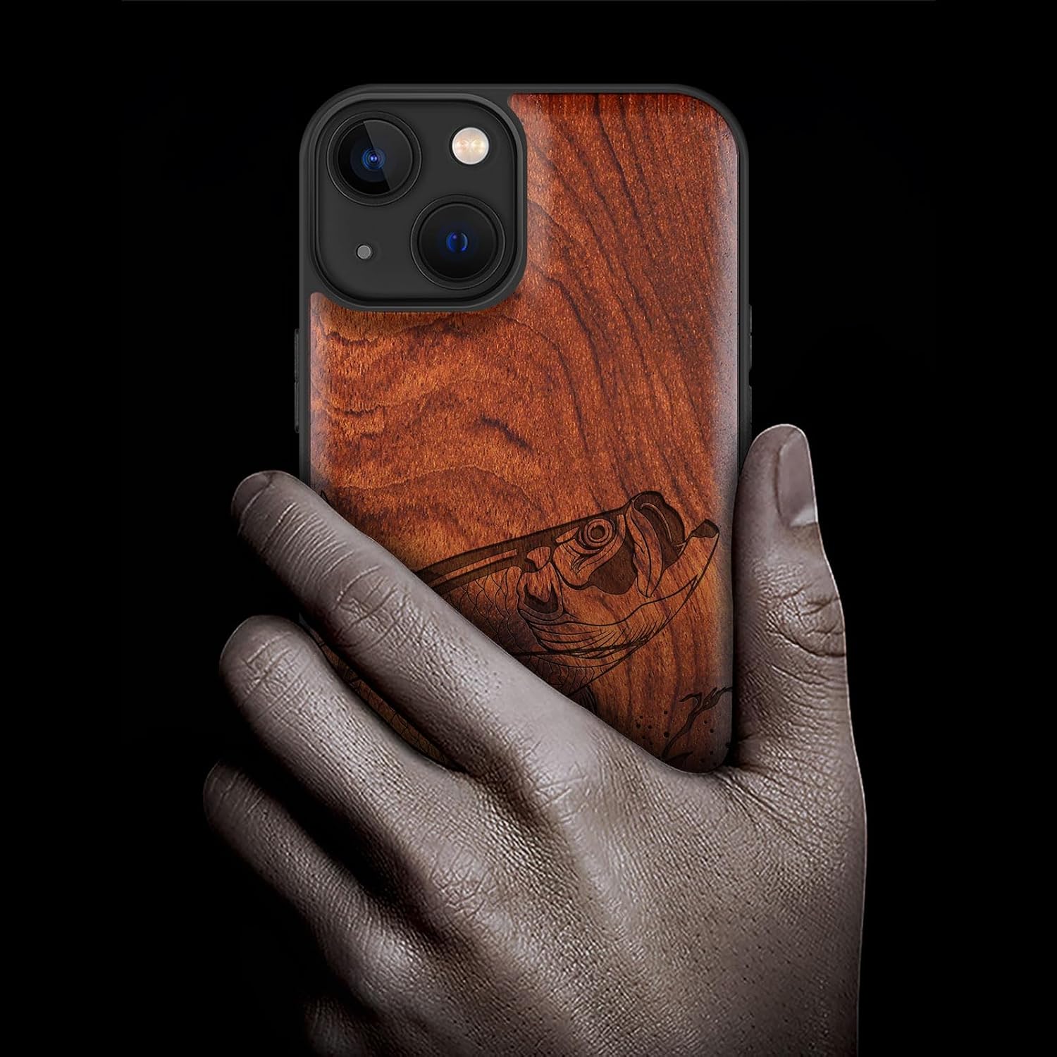 Carveit Magnetic Wood Case for iPhone 13 Case [Natural Wood & Black Soft TPU] Unique Wooden Shockproof Protective Cover Compatible with magsafe (The Tarpon's Leap -Rosy)