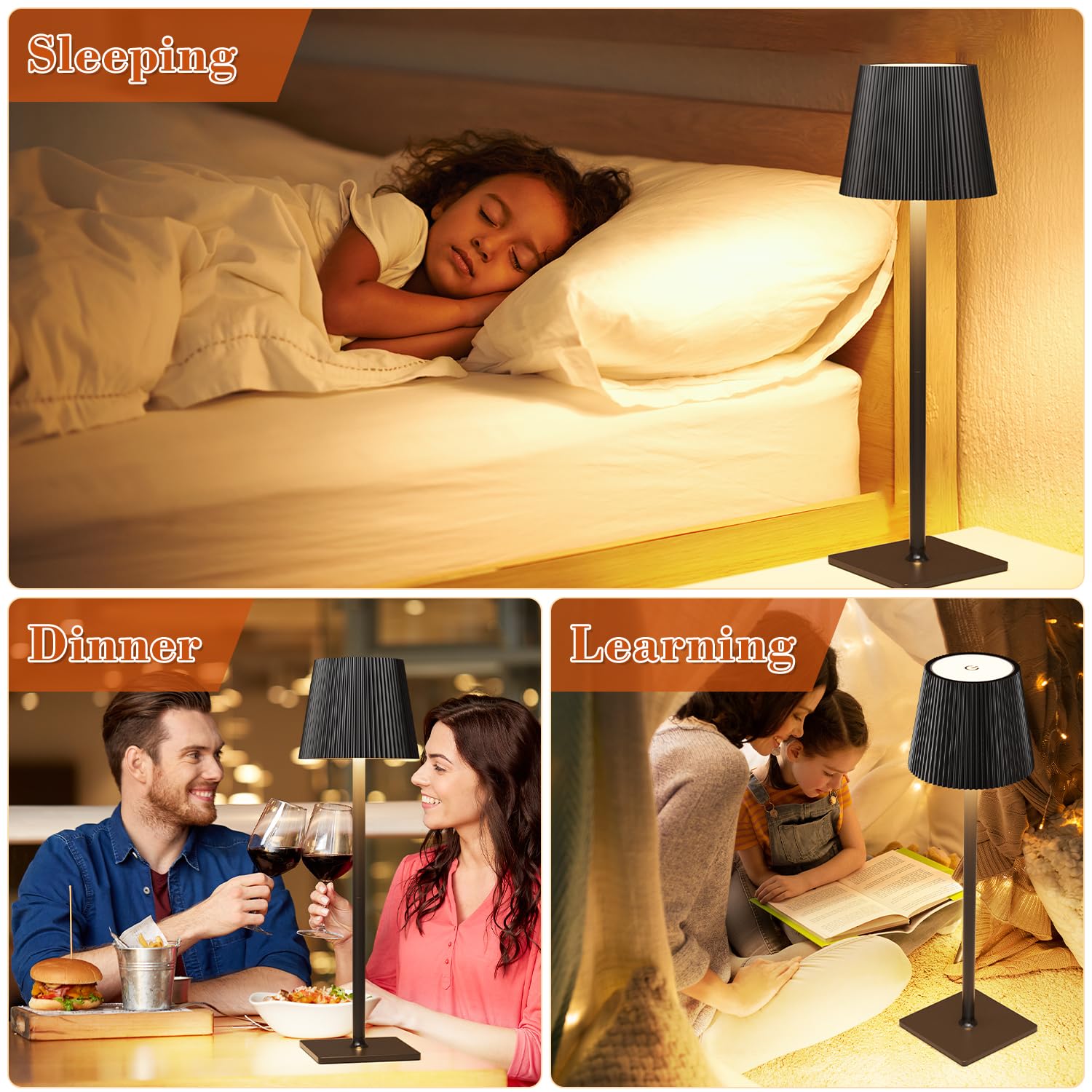 WOKWOYIO Lampada da tavolo senza fili, lampada da comodino a 3 temperature di colore con luce a batteria dimmerabile Lampada da tavolo a LED touch per soggiorno camera da letto, nero