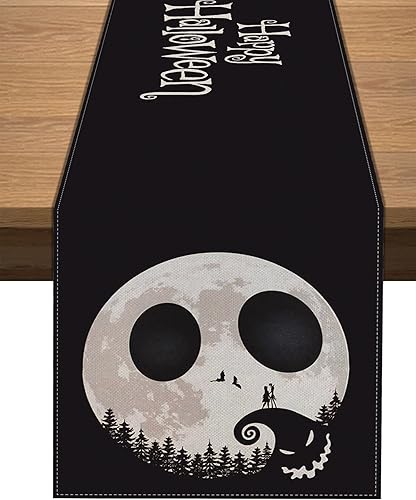 Vohado Camino de mesa de Feliz Halloween, El extraño mundo de Navidad, decoración de calavera de luna, comedor, hogar, cocina, mesa (13 x 108