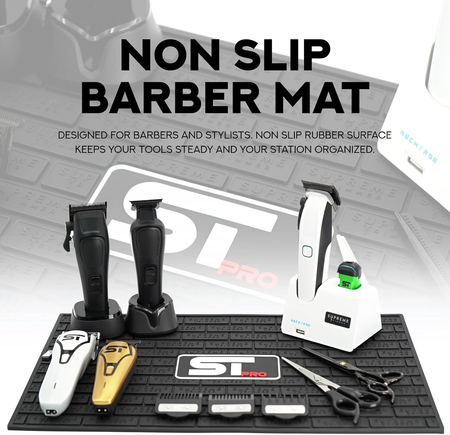 Supreme Trimmer Non-Slip Barber Station Mat – Heat-Resistant Workstation Rubber Pad for Clippers & Trimmers, Professional Salon Counter Protector, Easy-Clean Barbershop Tool Mat