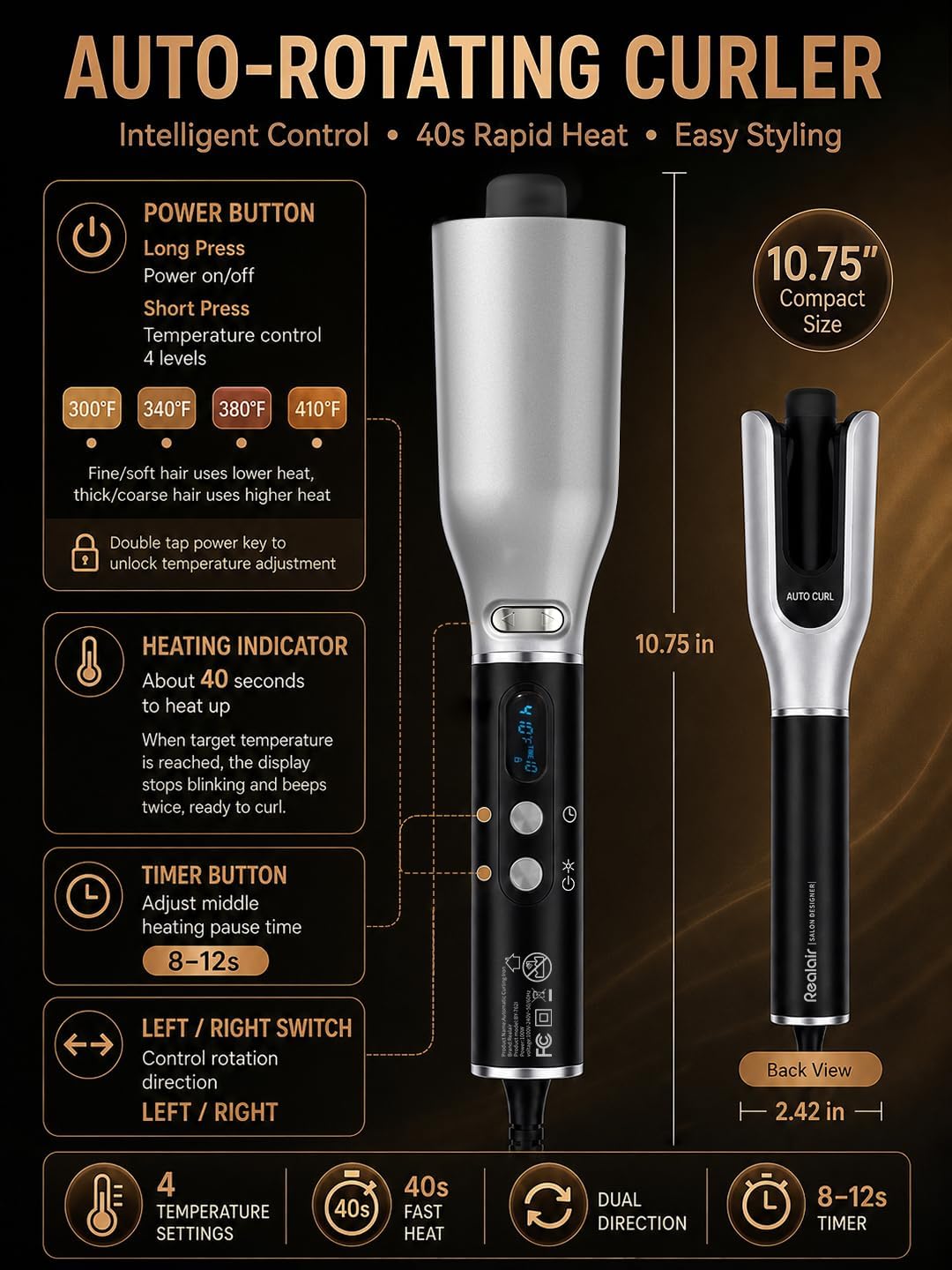 Automatic Curling Iron - 1 Inch Auto Hair Curler for Long Hair with 30s Fast Heating & 4 Temp LCD Settings - Anti-Scald Rotating Curling Wand, Travel-Friendly Dual Voltage, Silver