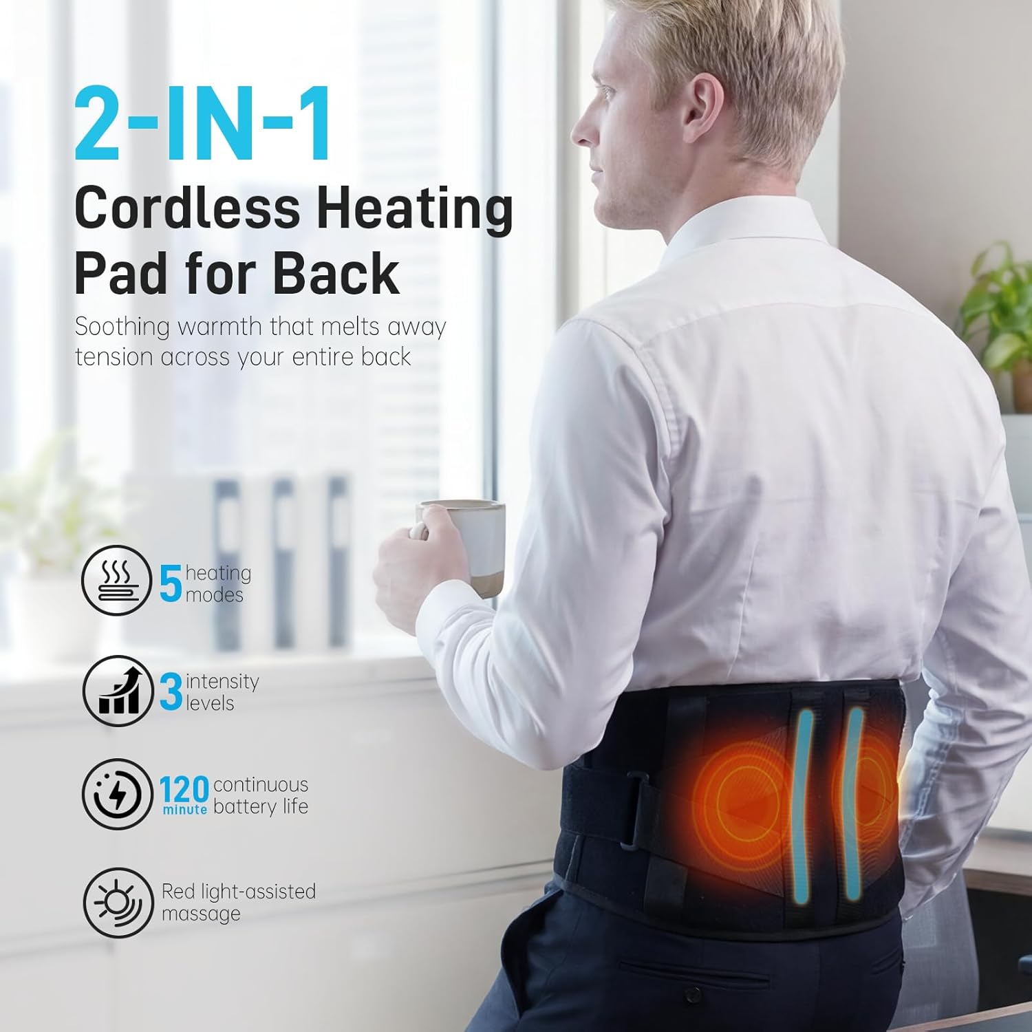 Cordless Heating Pad for Back, 47.2" Extendable Wearable Heating Pad with 3 Heat & Vibration Massage, 5000mAh Battery-Powered for Long Workdays & Cold Weather - Black