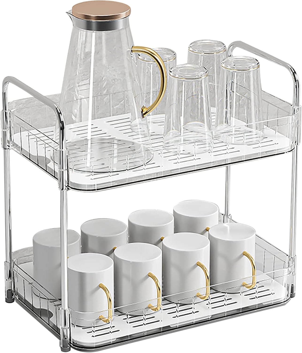 Cup Drying Rack Cup Holder Organizer Storage Shelf with Drain Tray for Home Kitchen Countertop Transparent Sturdy Plastic Fall Resistance (Double Layer White)