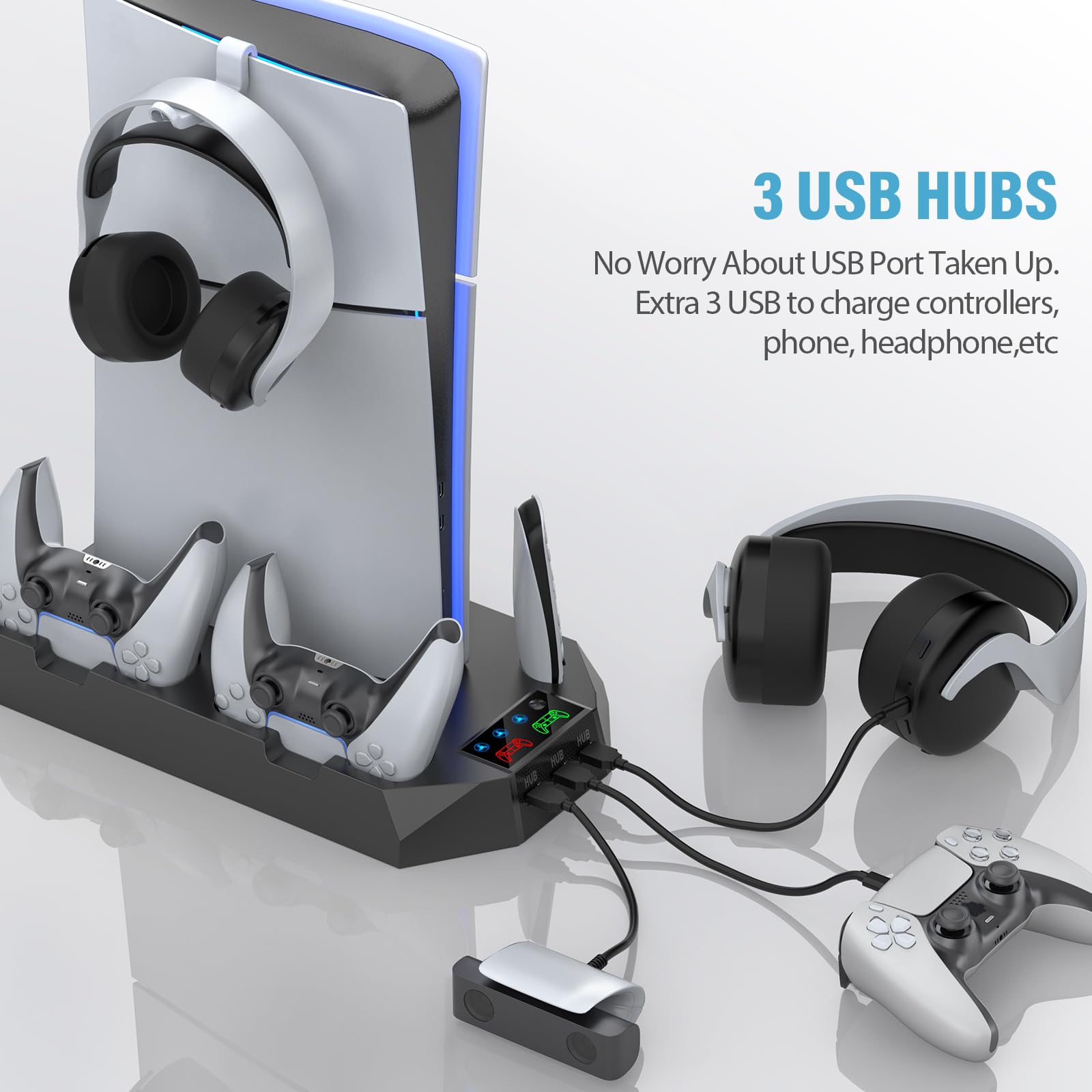 PS5 smukły stojak i stacja chłodząca z kontrolerem do Playsation 5 Slim & Standard Disc/konsola cyfrowa, akcesoria PS5 z ładowarką/wentylatorem turbo/3 koncentratorami USB/stojakiem