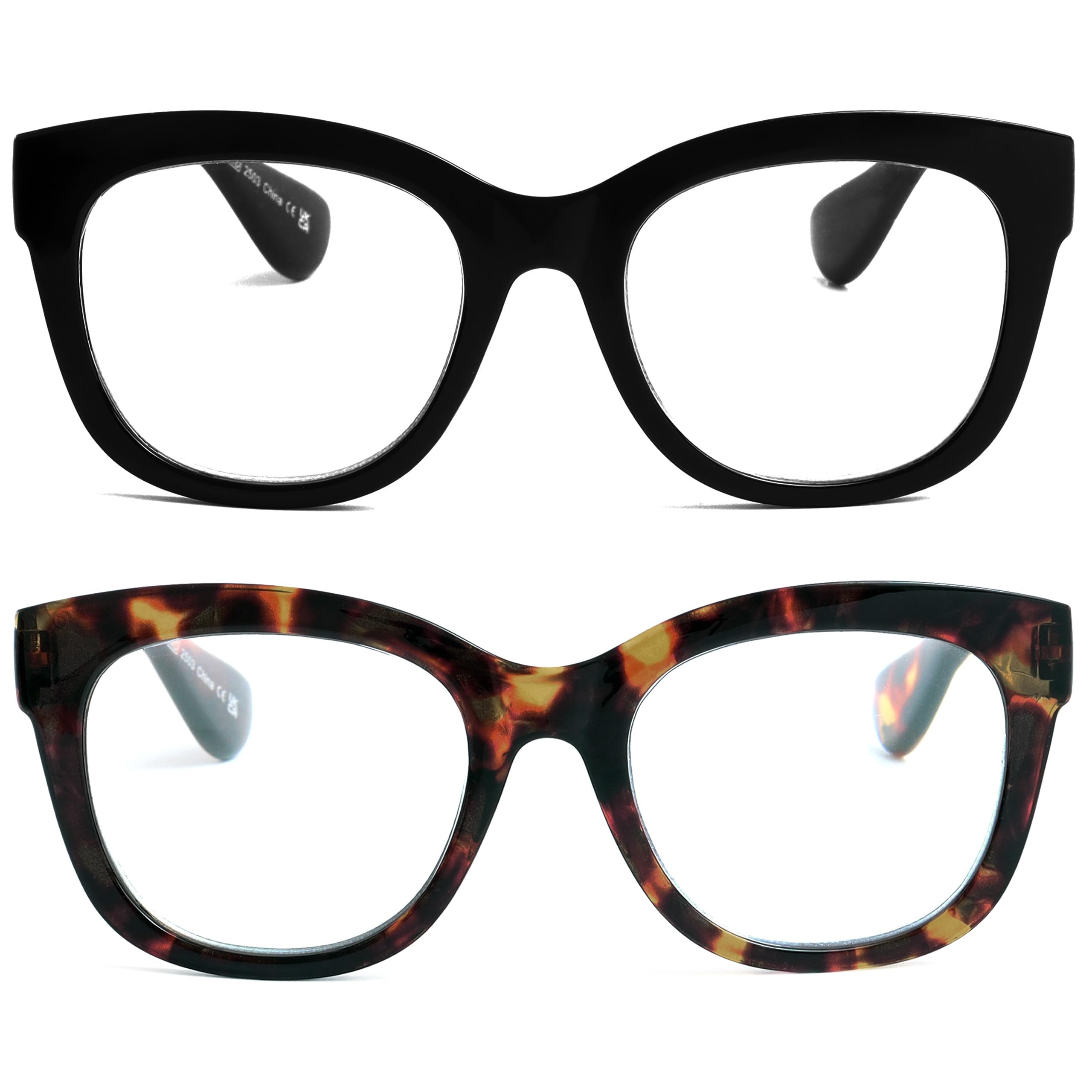 OPULIZE BIG Blue Light Blocking Reading Glasses - Bold Round Fashion Frame - Anti-Glare Anti-Reflective Computer Gaming - 2 Pack - UV & Eyestrain Protection - Black Brown - Mens Womens +2.50