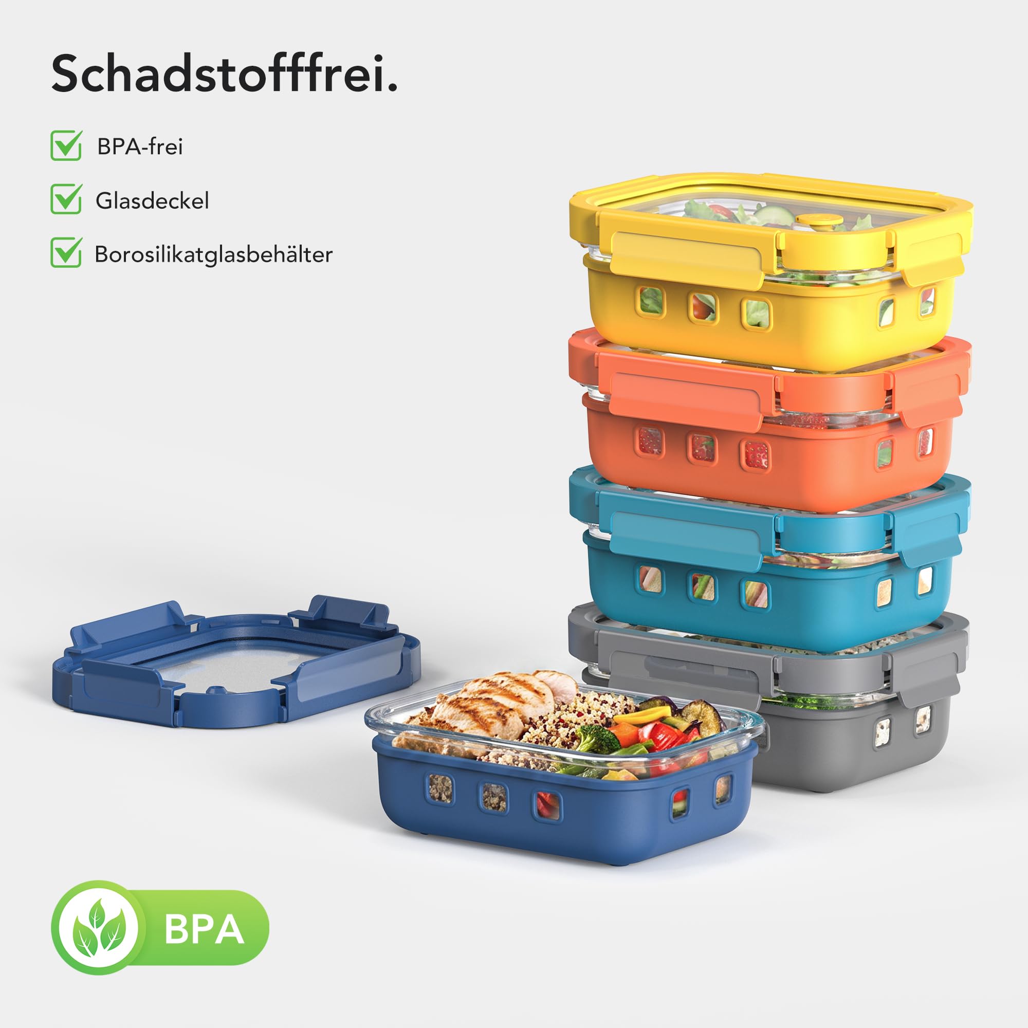 Glasvorratsdosen mit Glasdeckel & Dampfventil,1050 ml*5 Borosilikatglas Behälter mit Silikonhülle,auslaufsicher &luftdicht, für Meal Prep & Kühlschrank Organizer, mikrowellen-backofengeeignet,BPA-frei