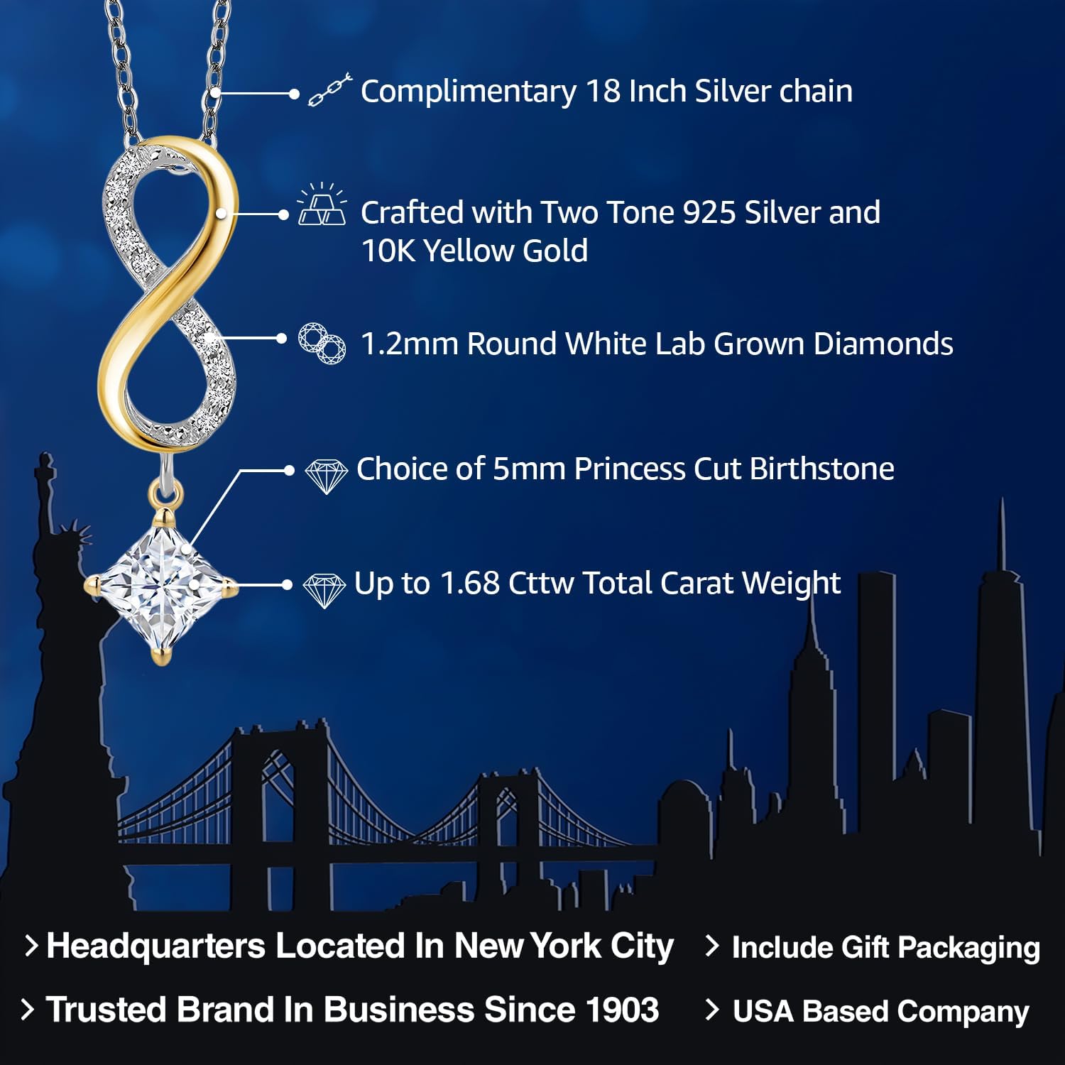 Gem Stone King Personalized and Customized 5MM Princess Cut Gemstone Birthstone and Lab Grown Diamond Pendant Necklace for Women | 925 Silver and 10K Yellow Gold | With 18 Inch Chain - Image 2