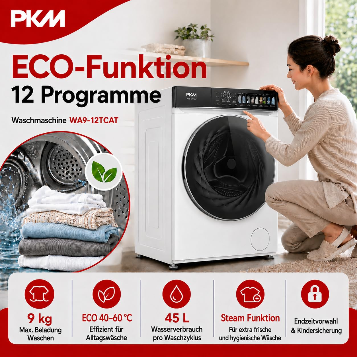 PKM Waschmaschine WA9-12TCAT - Energieeffizienzklasse A, Großes Touch-Display, Steam Funktion, AquaStop, 12 Programme