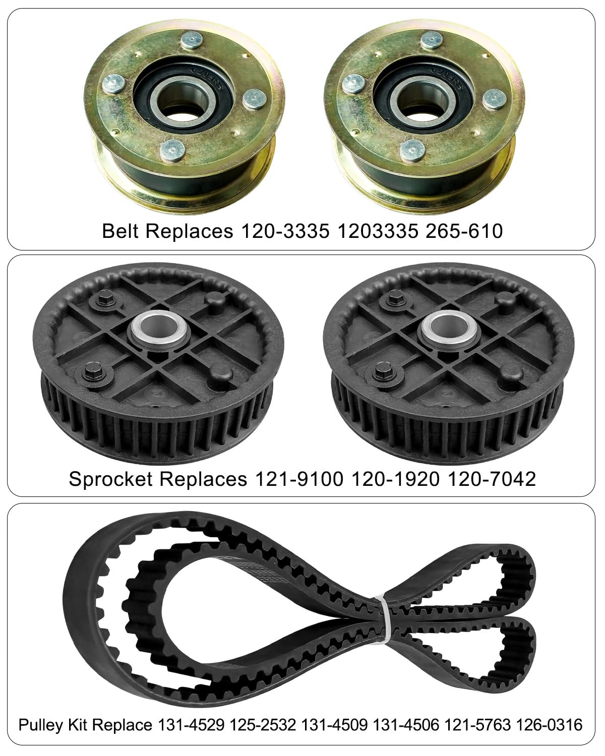 Pulley Belt Kit Fit for Toro TimeMaster 20199 20200 20975 20976 20977 TurfMaster 22205TE 22207 22200 Exmark ECKA30 ECS180 CKA30000, Replace 131-4529 125-2532 121-9100 120-1920 120-3335, with Sprockets
