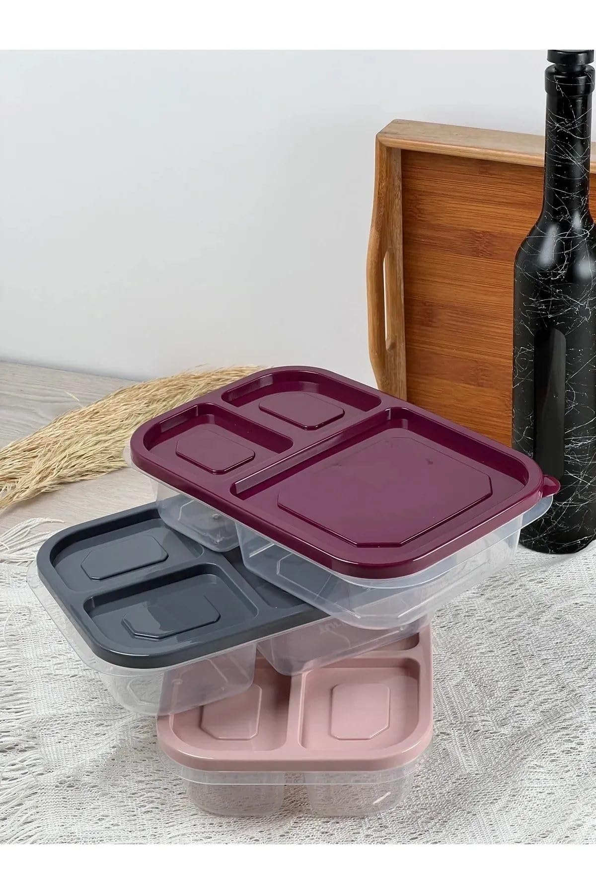 3'Lü Set 3 Bölmeli Kapaklı Kamp Saklama Kabı - Taşınabilir Kahvaltılık Diyet Ve Beslenme Kutusu
