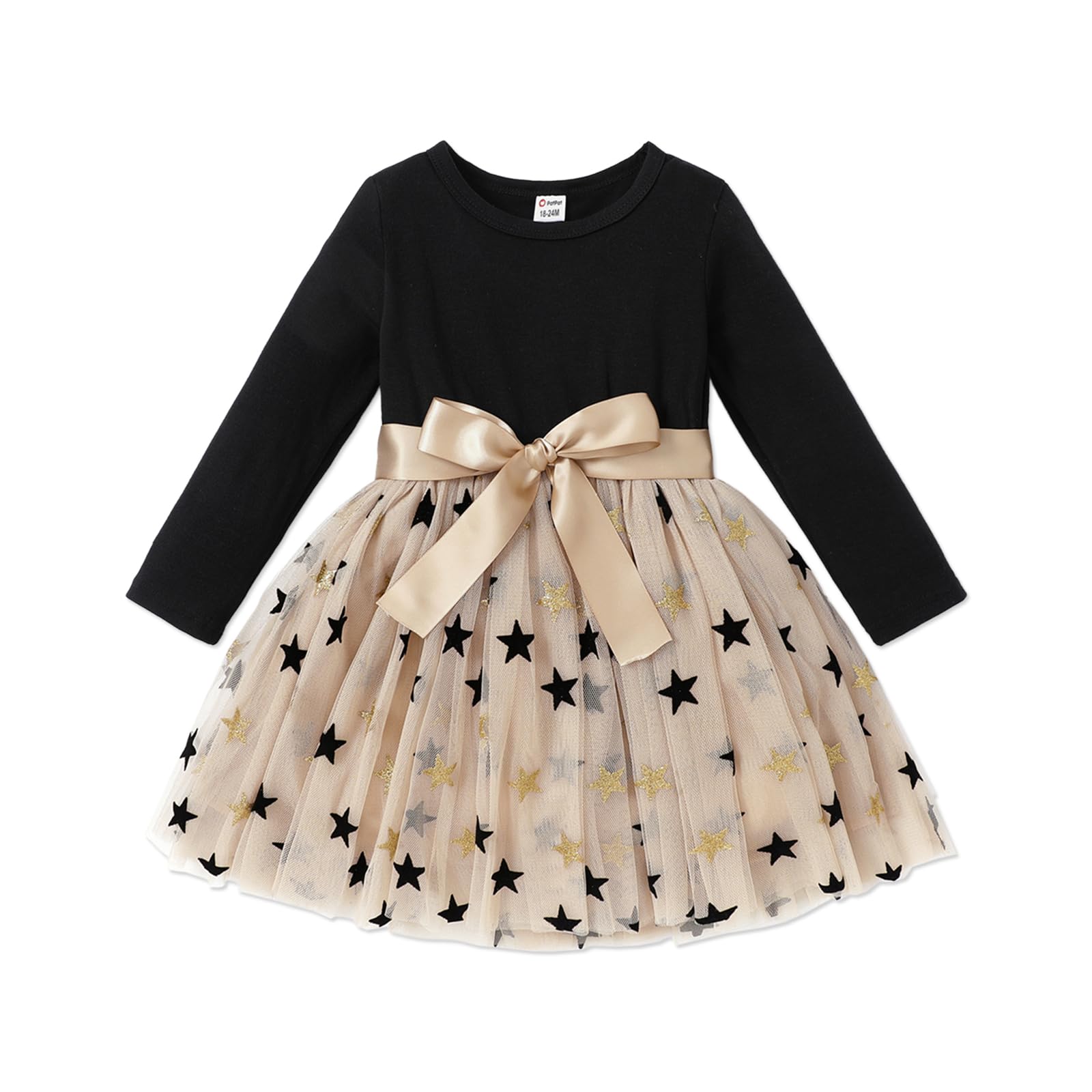 PATPAT Abito da Bambina a Maniche Lunghe, Abito da Bambina, Abito con Fiocco a Pois per Compleanno, Festa, Banchetto, Matrimonio, Vacanze, Spettacolo