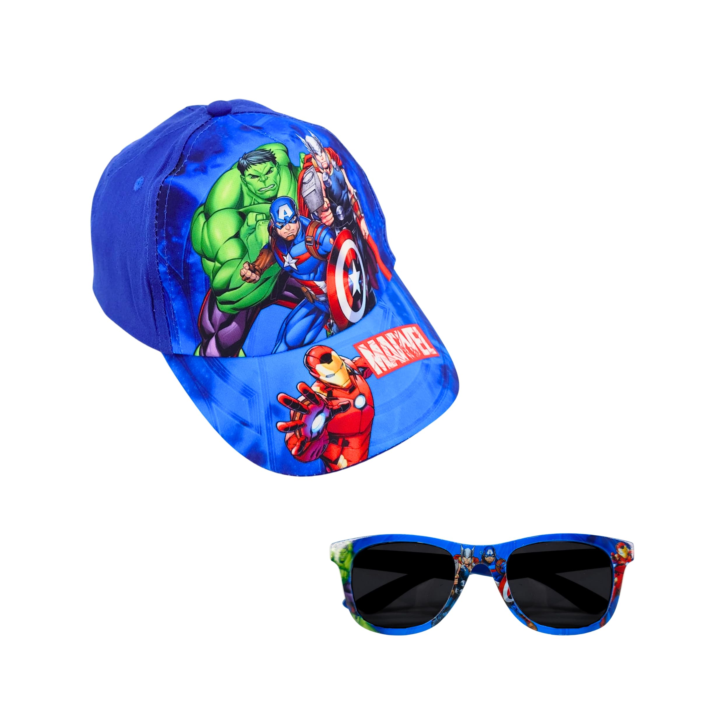 Marvel Avengers Baseball Cap and Sunglasses for Boys UV Protection Sunglasses Kids Summer Cap, blue, 6 1/2