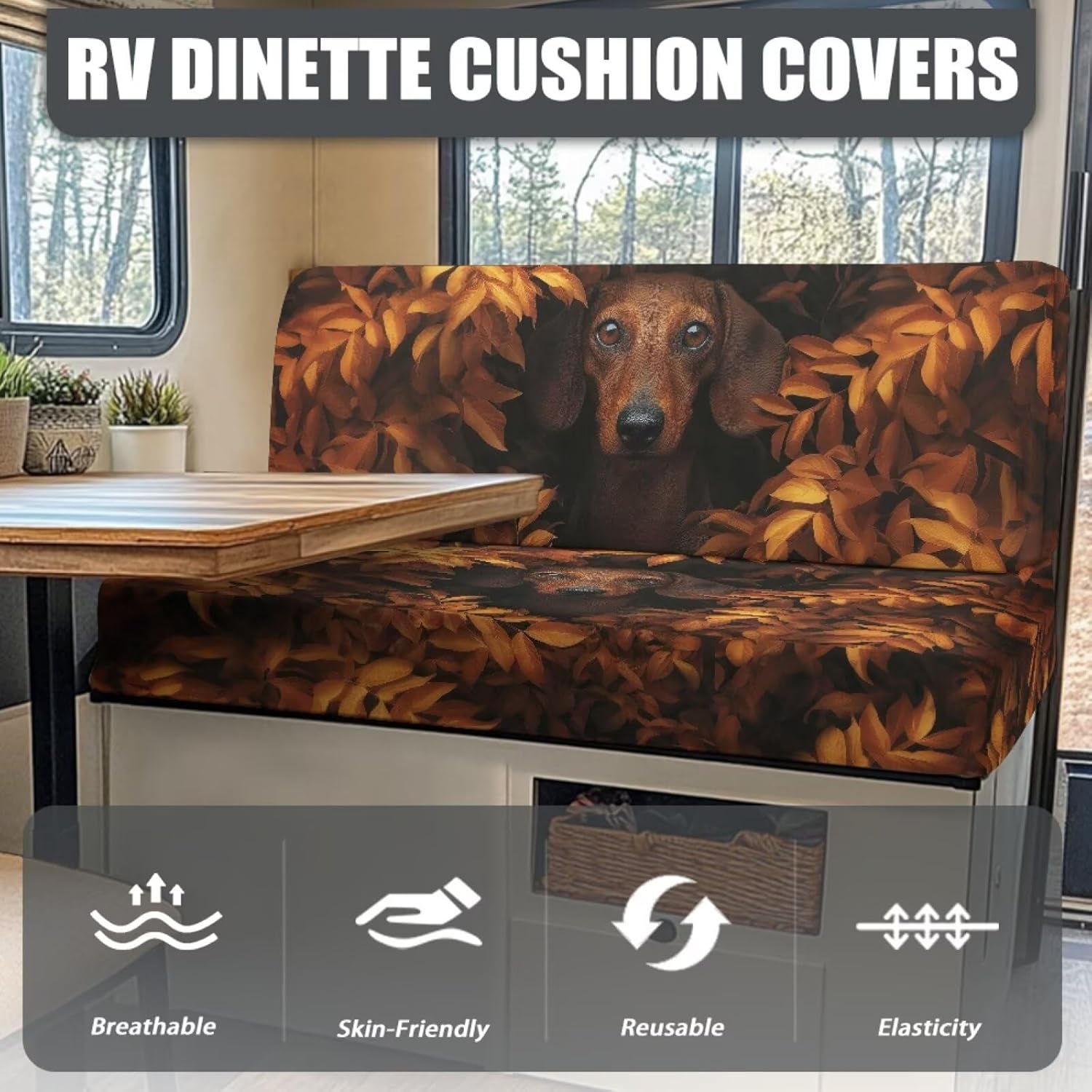 Dachshund Camo Print RV Dinette Cushion Covers Washable Sofa Furniture Protector Stretch RV Couch Cover Include 1 Backrest Covers and 1 Bench Covers