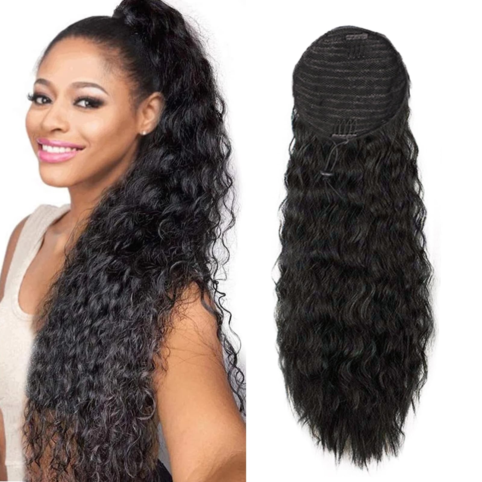 Human Hair Water Wave Drawstring Ponytail Extensions - Natural Black Corn Wave for Black Women - Clip in Extensions (16")