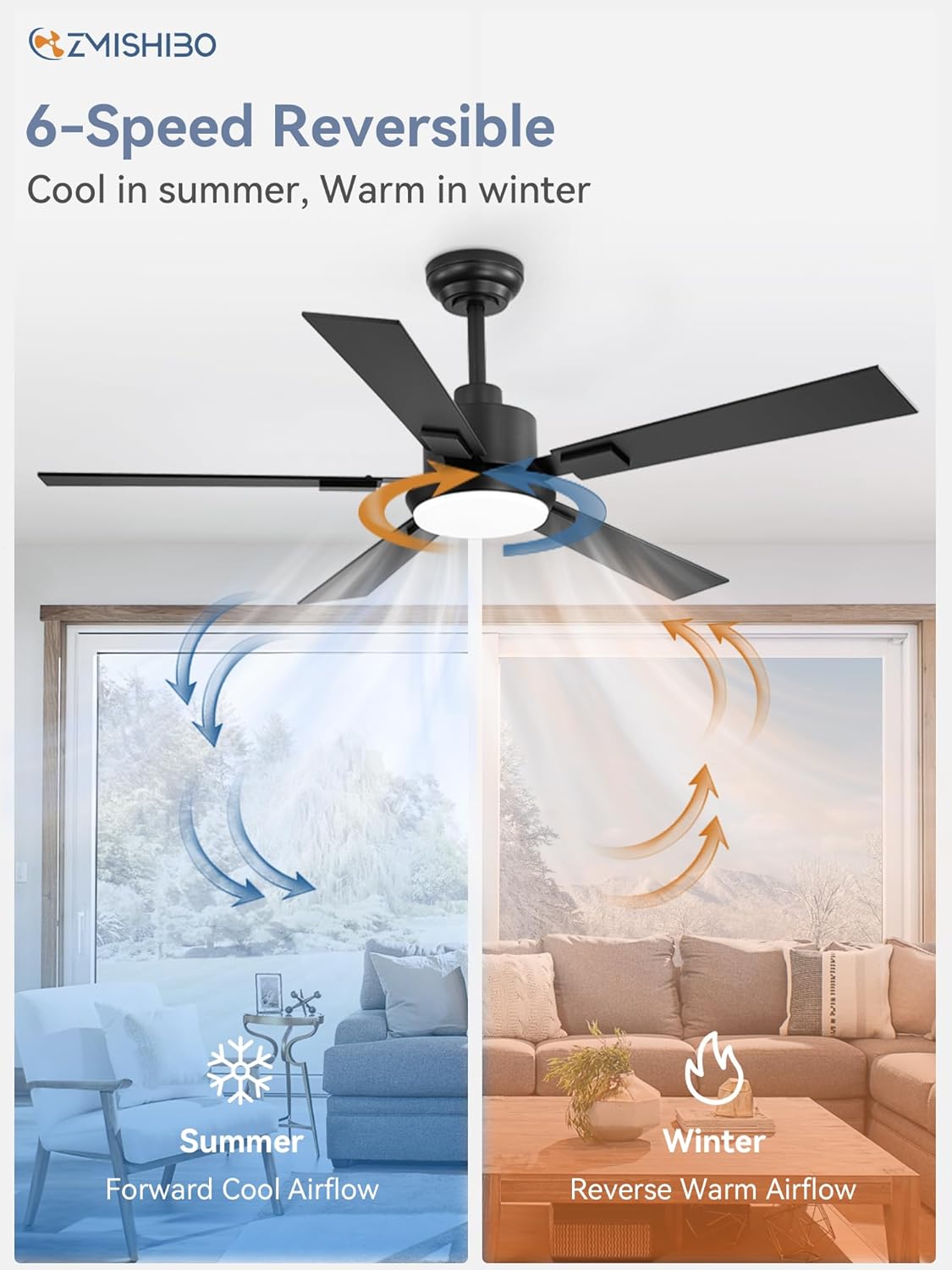 ZMISHIBO 52 inch Black Ceiling Fans with Lights and Remote, Indoor/Outdoor Modern Ceiling Fan for Bedroom Living Room Patio, 6 Speed Reversible Quiet DC Motor, 3 CCT, Dual Finish Blades