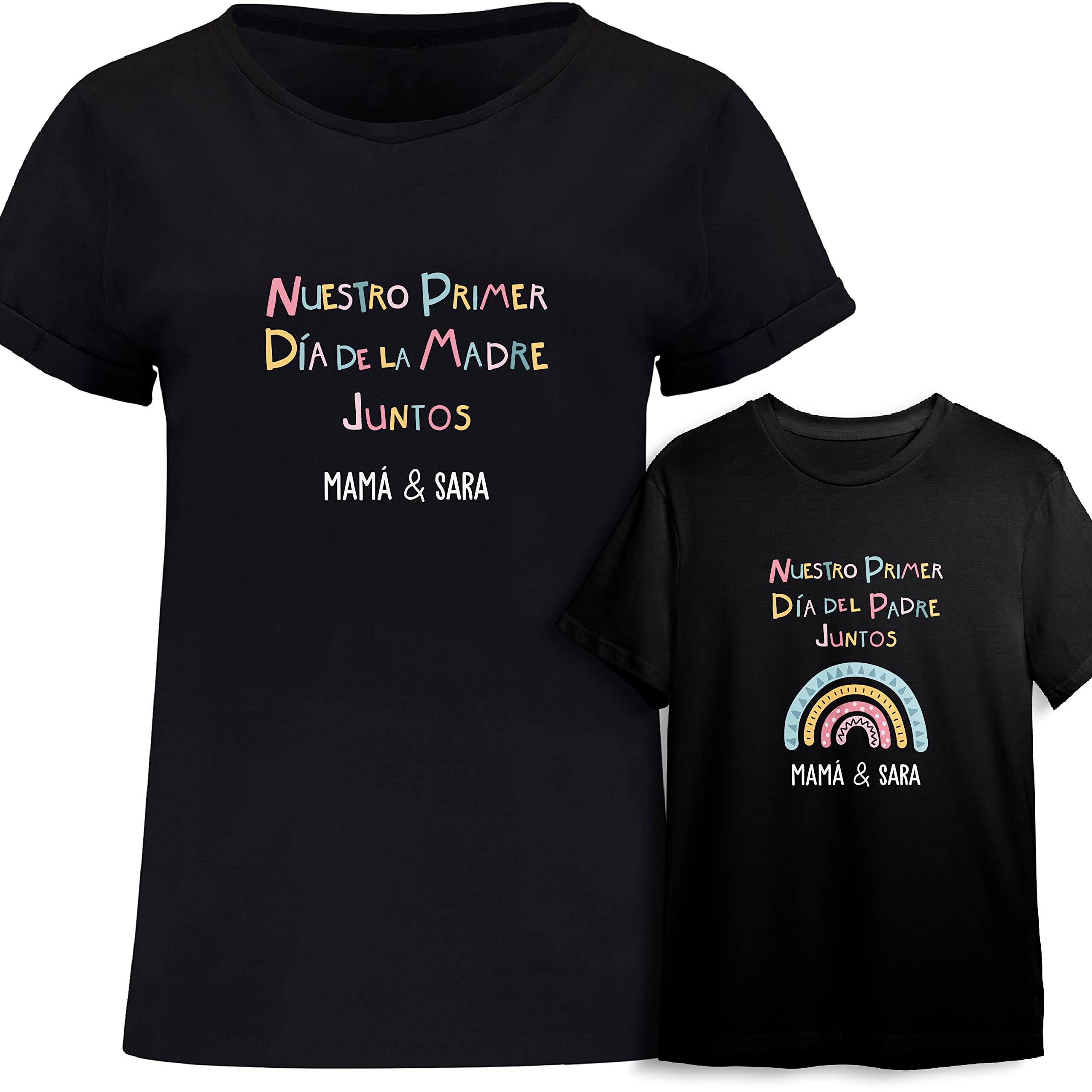 Regalo Día del Padre | Día de la Madre | Camiseta adulto personalizada + Body o camiseta hijo/a | Diseño original divertido | Arcoíris | Papá | Mamá | Infantil | Bebe | Primer día del Padre Juntos