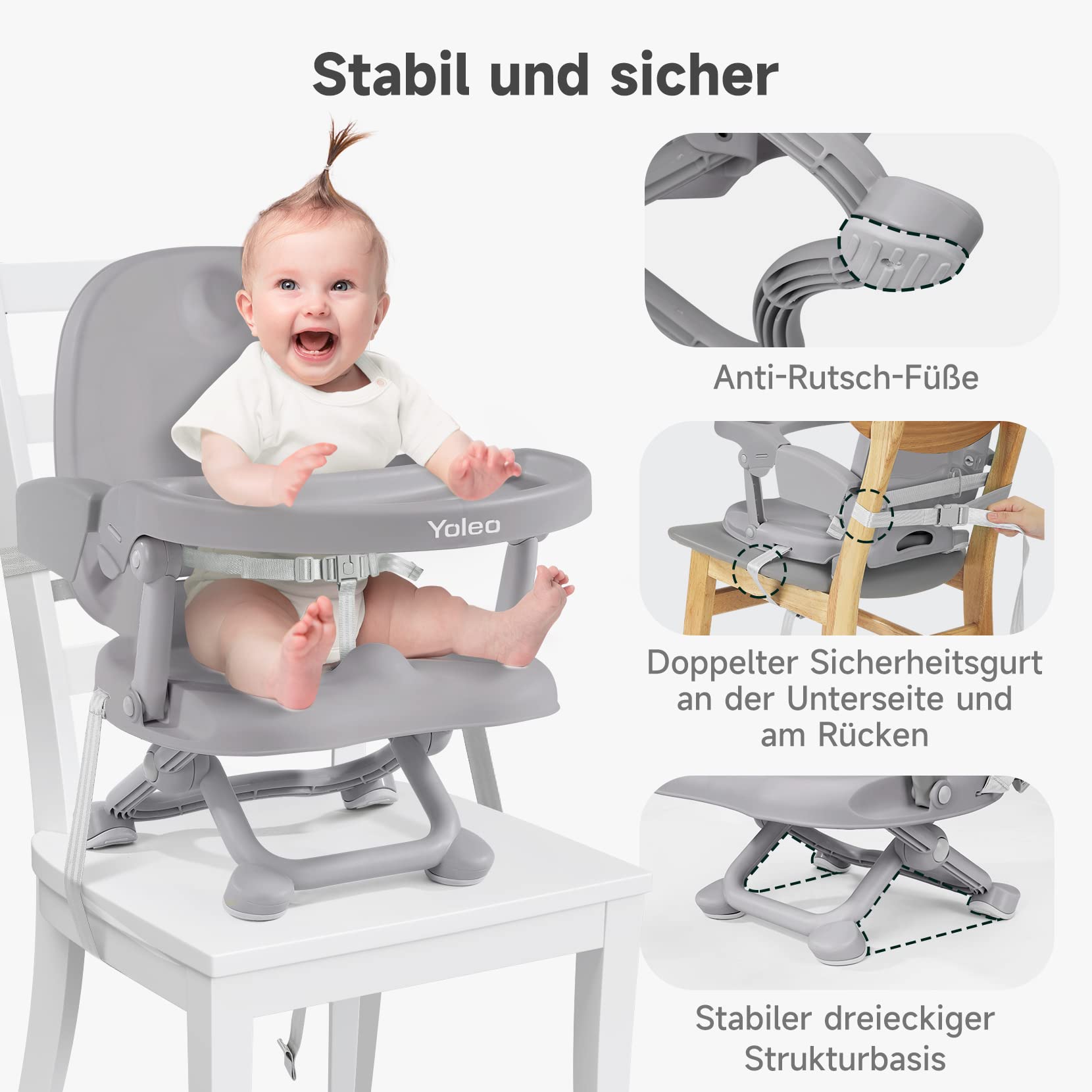 Yoleo Hochstuhl für Kleinkinder, zusammenklappbar, kompakt, tragbar, Sitzerhöhung für Babys, Kinderstuhl auf Stuhl für Esstisch, Camping (Grau, ohne Kissen)