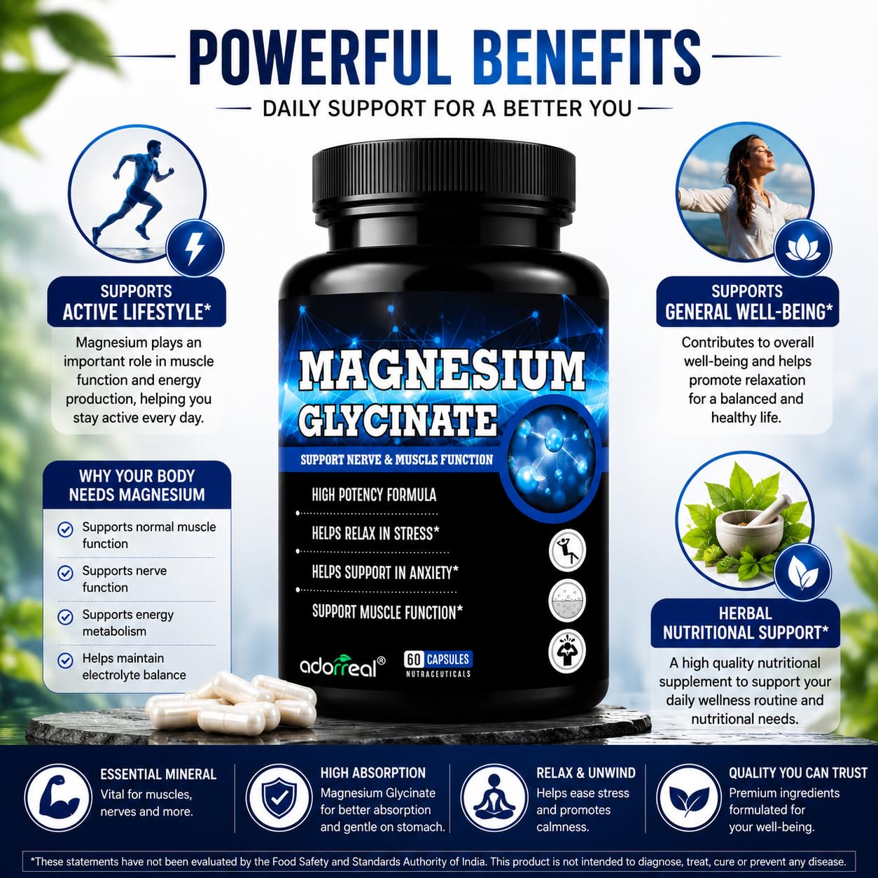 Adorreal High Absorption Magnesium Glycinate 750mg | 165mg Elemental Mineral | Supports Muscle Recovery, Nerve Health, Relaxation & Sleep | 60 Veg Capsules 4