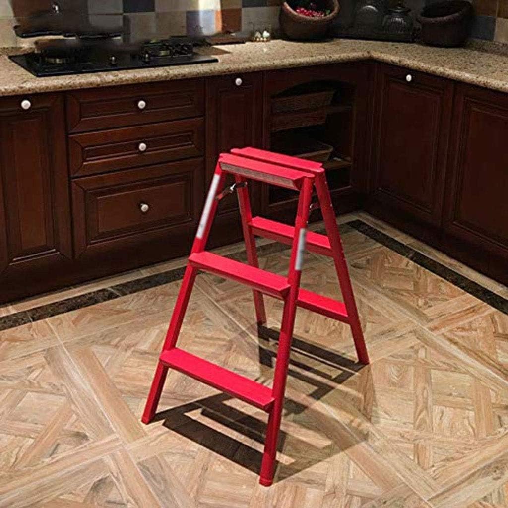 JSEIAJB Step Ladder, Safety and Stability 3 Folding Stepladder Aluminum Stool Multi-Use Red