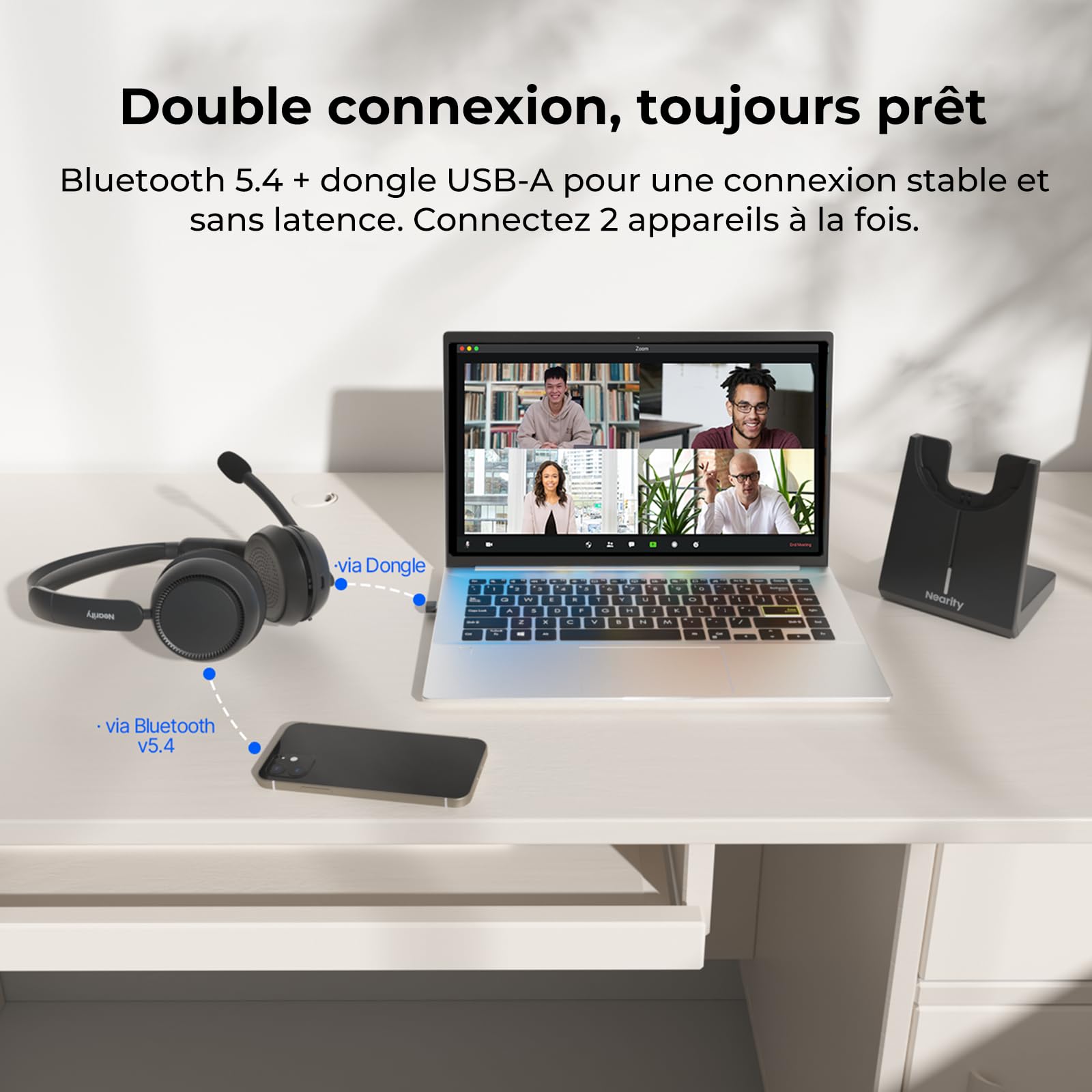 NEARITY EP320 Casque sans Fil avec Micro pour Le Travail, Casque Bluetooth avec Réduction de Bruit, Type-A Dongle pour PC, Station de Charge & Réduction de Bruit pour Bureau/Maison/Call Center