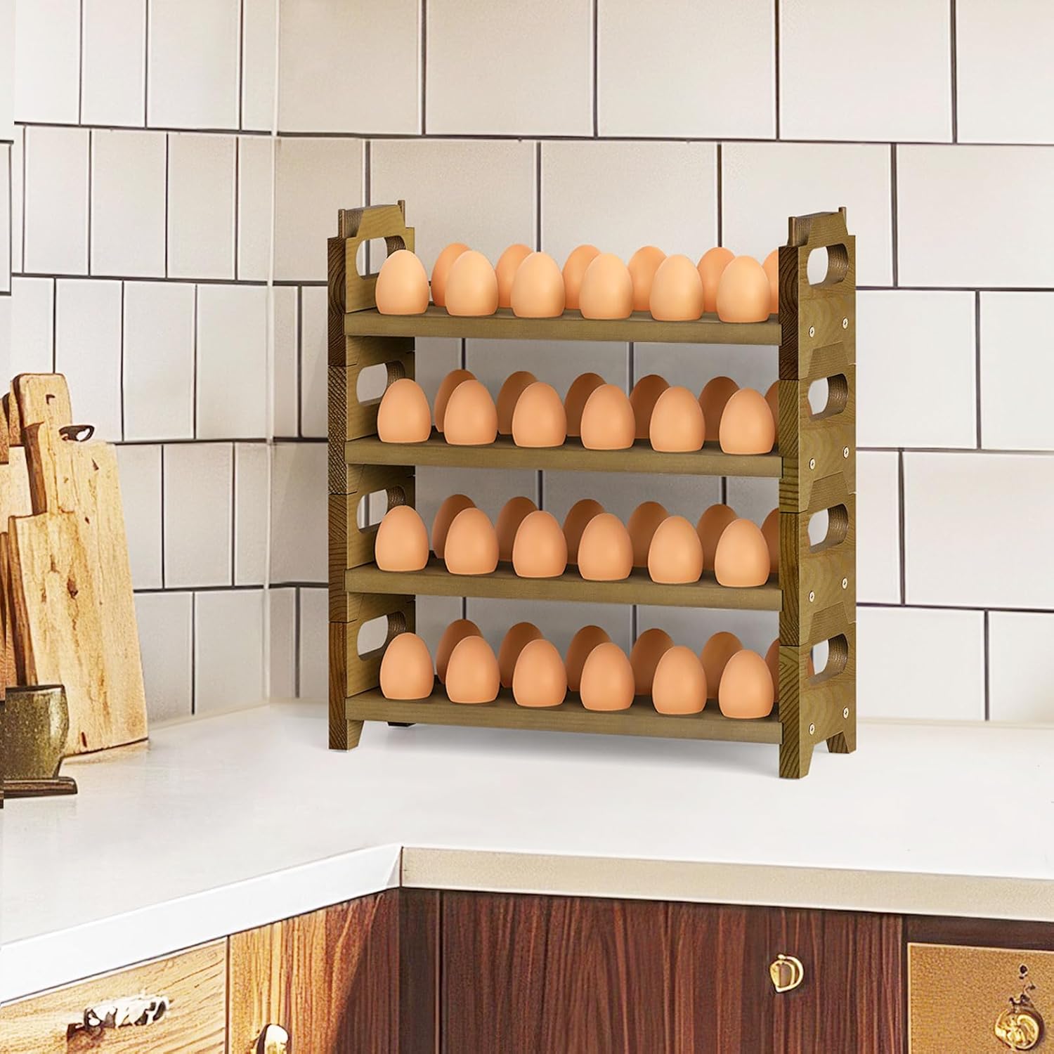 Tuenort Wooden Egg Holder for Countertop, 4 Tier Egg Rack for 48 Eggs, Kitchen Counter Wood Egg Organizer Tray Racks, Fits Quail, Duck, Turkey, Chicken Eggs