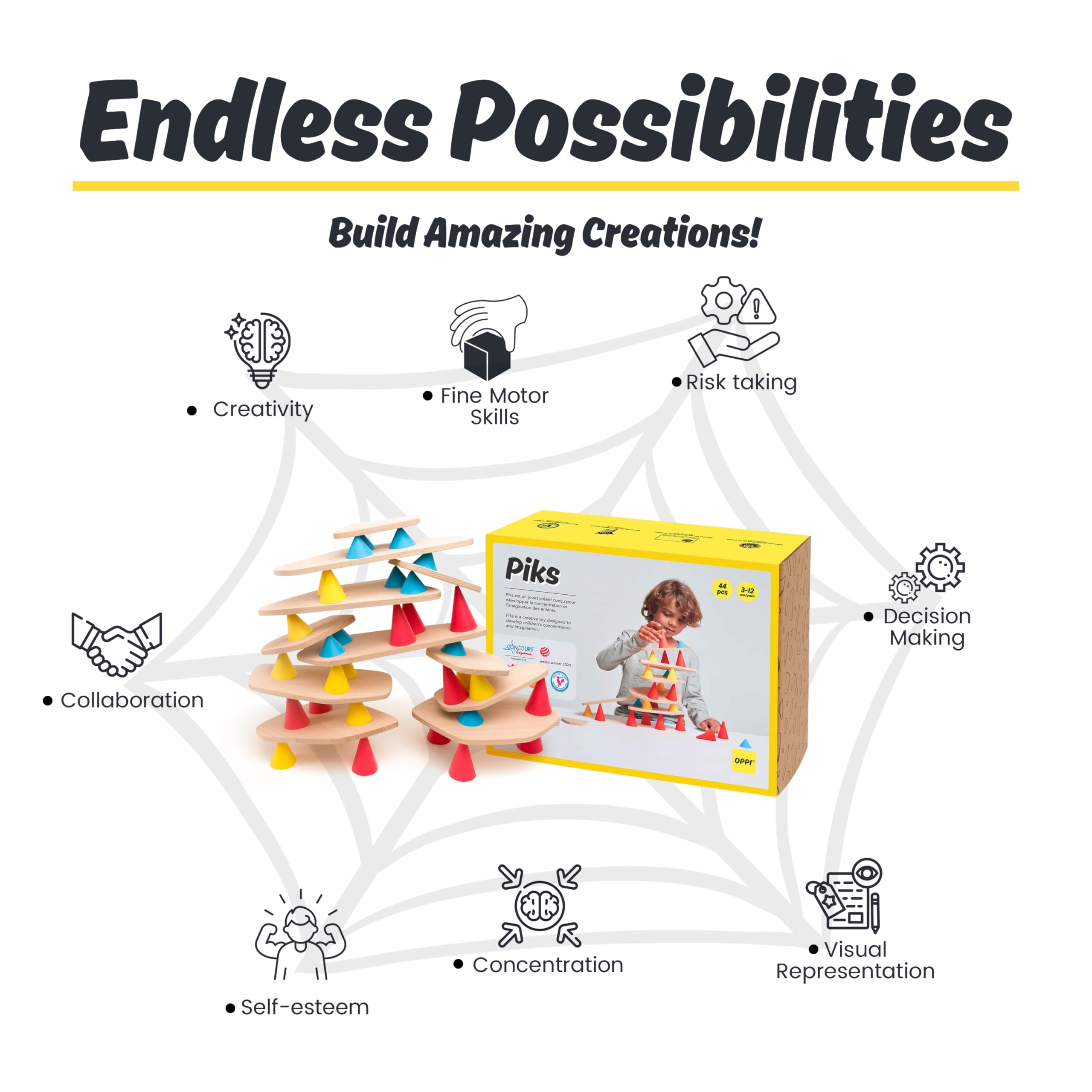 OPPI - PIKS - Medium Kit - Jeu éducatif en Bois et Silicone - Jeu d'éveil - Motricité - Jeu de Construction - 3-12 Ans - avec livret d'instructions - 44 Pièces, Divers