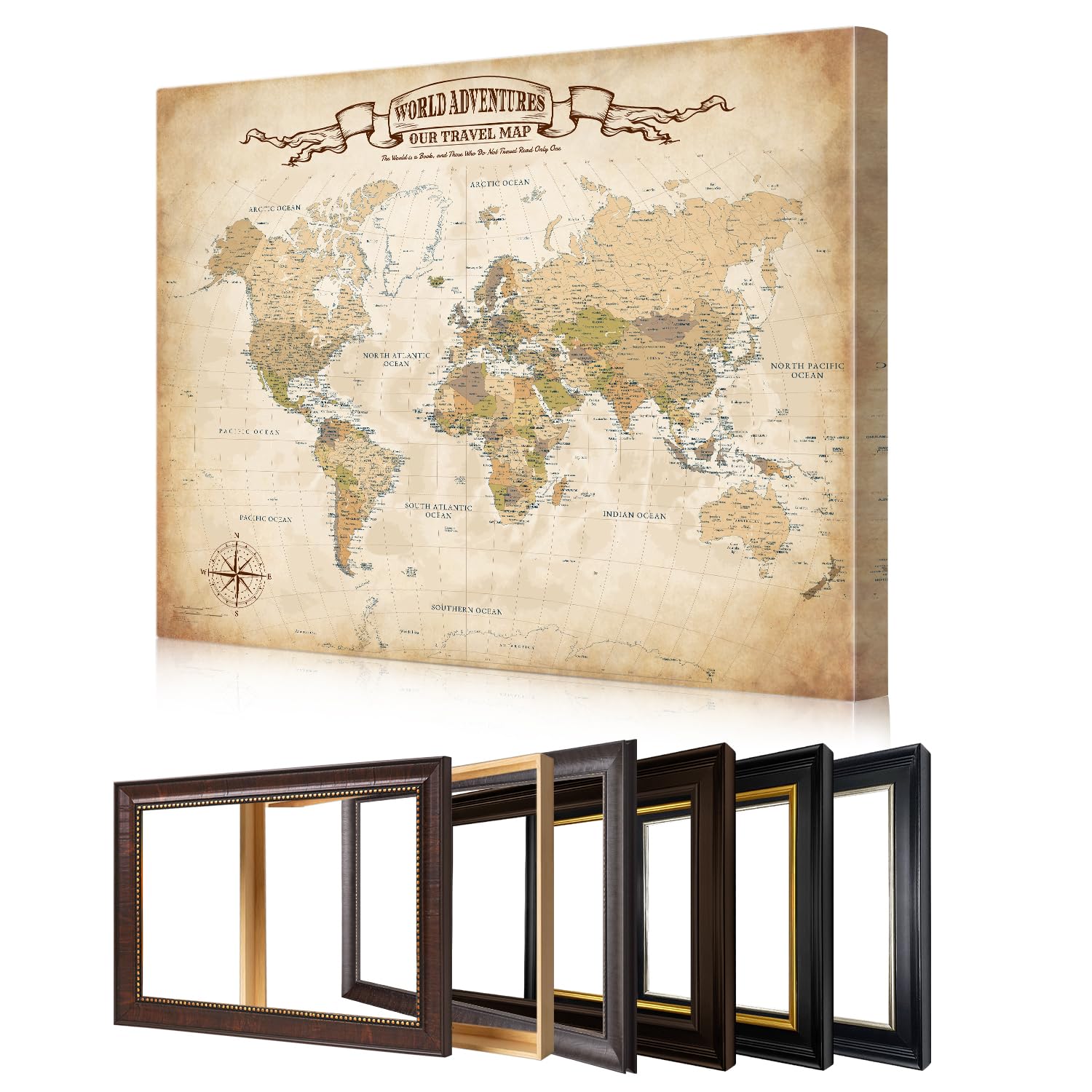 DECORARTS Personalized World Travel Map with Pins,Antique Canvas 35x28''