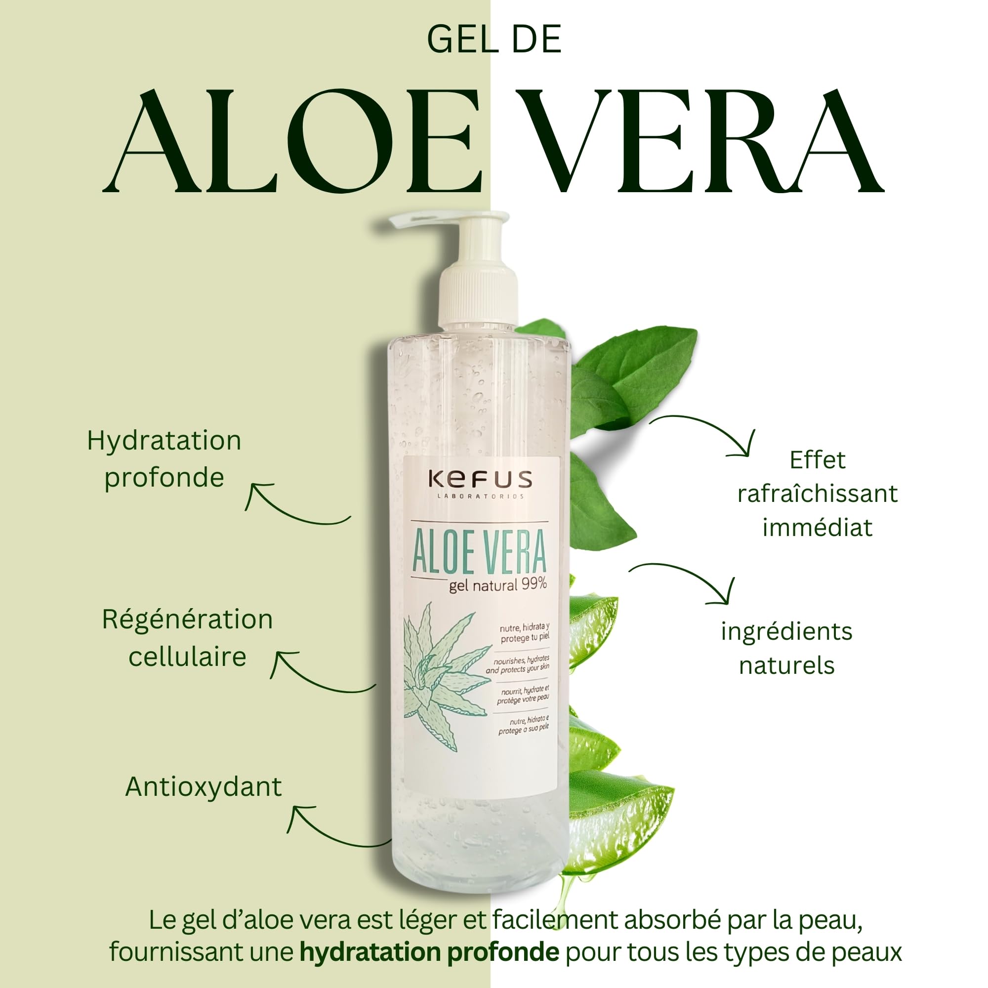 KEFUS Aloe Vera gel pur naturel 500 ml. Absorption immédiate et agréable texture non grasse. Nourrit, hydrate, rafraîchit et soigne la peau. Après-soleil. Afersun