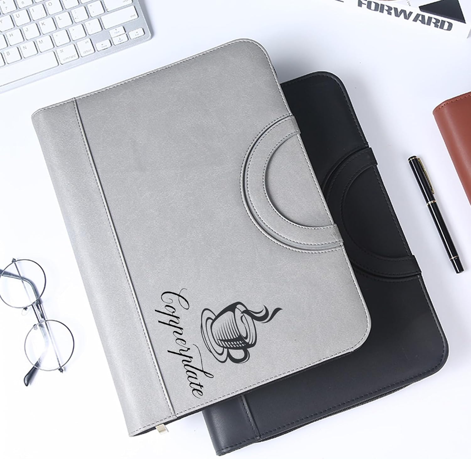 Customizable Leather Padfolio - Personalized Zip-Around Portfolio with Handle and Clipboard, 4-Ring Binder - Add Your Logo or Name - Handmade Gift for Men & Women, Grey