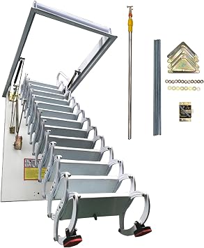 TECHTONGDA Ceiling Pull Down Attic Ladder, Folding Ladder Loft Stair, 13 Steps Retractable Attic Stairs,10.5ft Height, Pulling Down from Ceiling White Opening Size 27.5 x 47.2 in