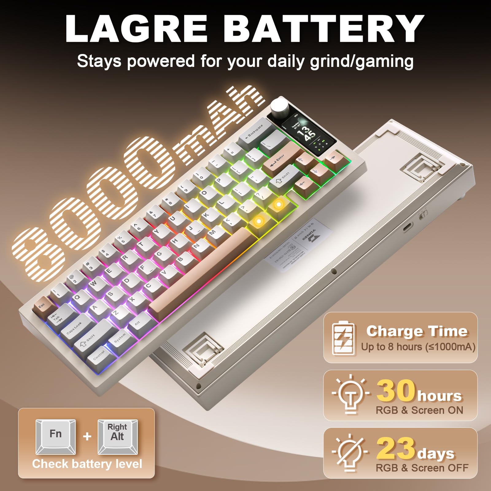YUNZII IF68 QMK/Via Clavier Gamer Mécanique sans Fil (Beige, Candy) | Format 65% avec Écran TFT et Bouton Rotatif, Bluetooth/2.4G/Filaire, Hot-Swap, PBT, RGB, QWERTY, pour PC/Mac
