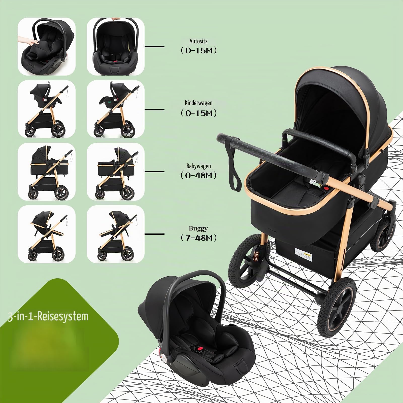 3-in-1 Kinderwagen | Kombi-Kinderwagen mit Babyschale | Buggy mit Höhenverstellbarem Griff | Aluminium-Rahmen | Moskitonetz | für Neugeborene 0-4 Jahr