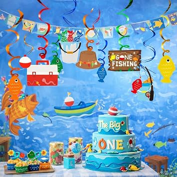 Yaaaaasss!Fish Hanging Swirls Fishing Party Decorations Ceiling Hanging Swirls Streams Banner Decorations The Big One Baby Shower Under the Sea Decorations Photo Props Fishing Birthday Party Supplies