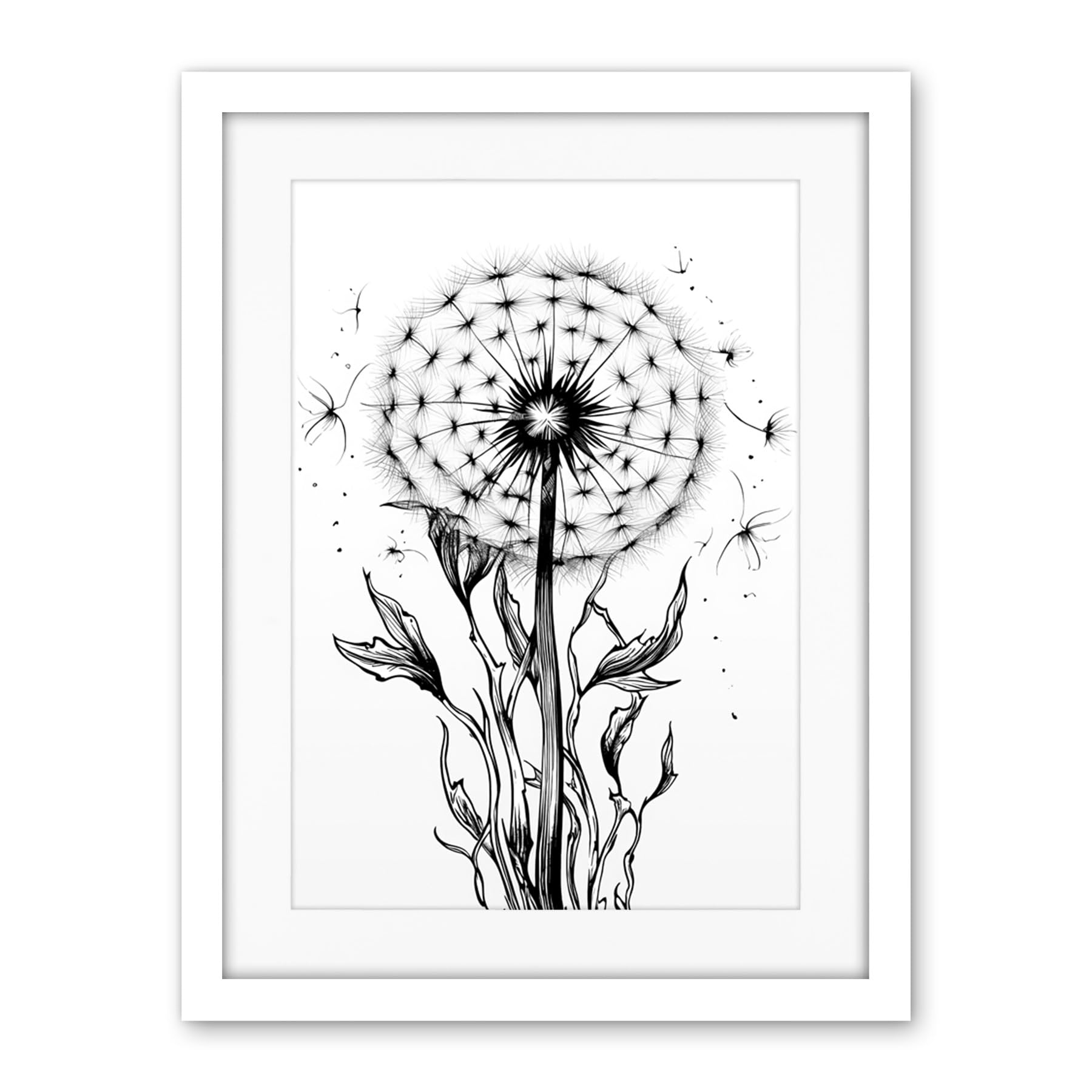 Artery8 Dandelion Flower Seed Black and White Rockabilly Americana 50s Artwork Framed Wall Art Print 18X24 Inch