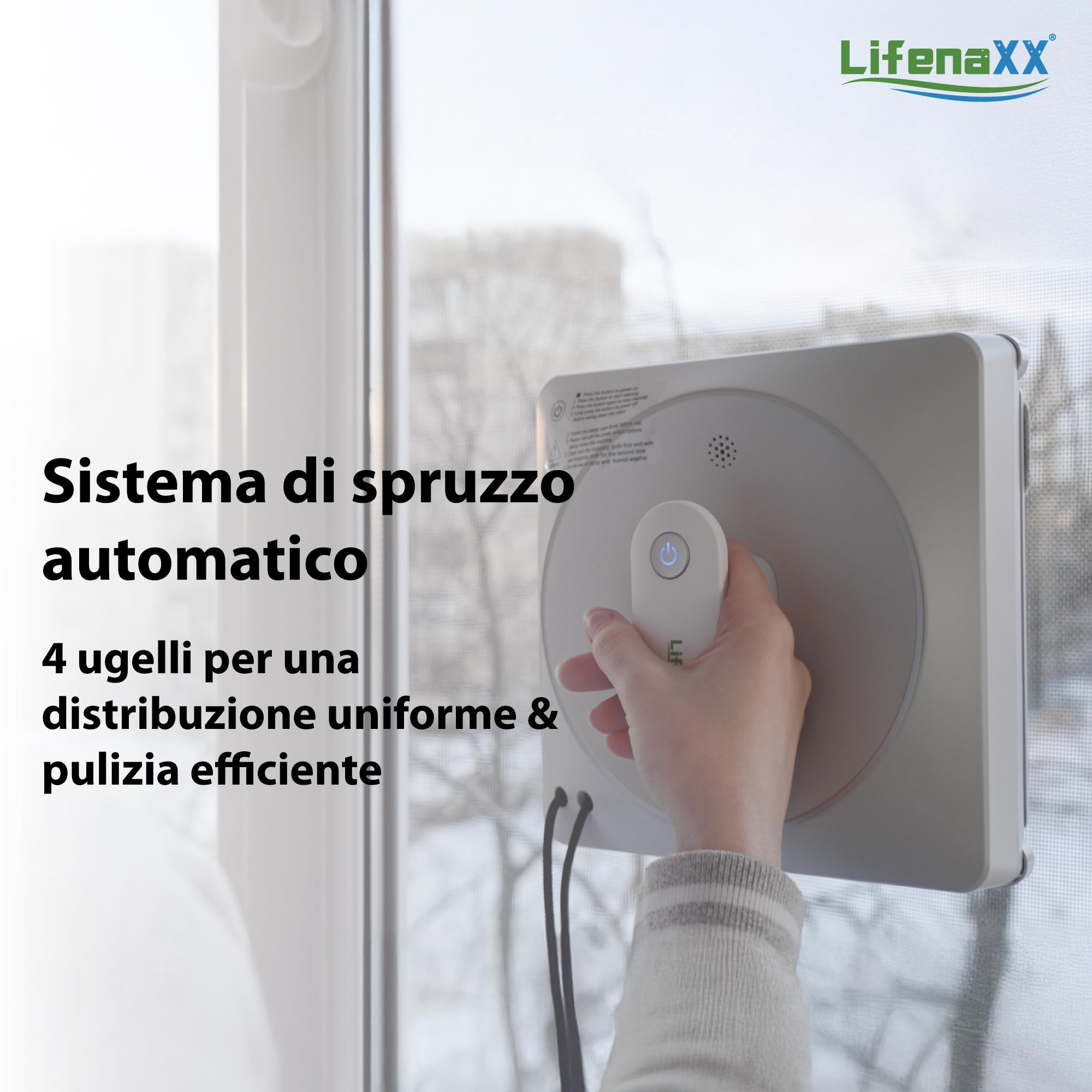 Robot lavavetri Lifenaxx LX-047, pulitore per finestre elettrico con 4 ugelli spray, alta potenza di aspirazione da 4500Pa, grande serbatoio da 100 ml, 4 programmi di pulizia e telecomando