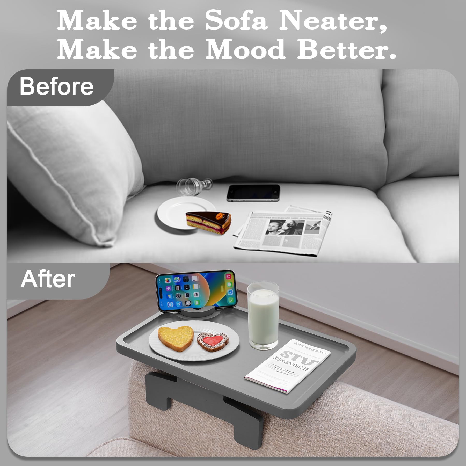 Sofa Arm Tray, Armrest Tray Table Suitable for Home Drinks/Fast Food/Fruit, Multi-Function Couch Arm Table with Phone&Pad Grip