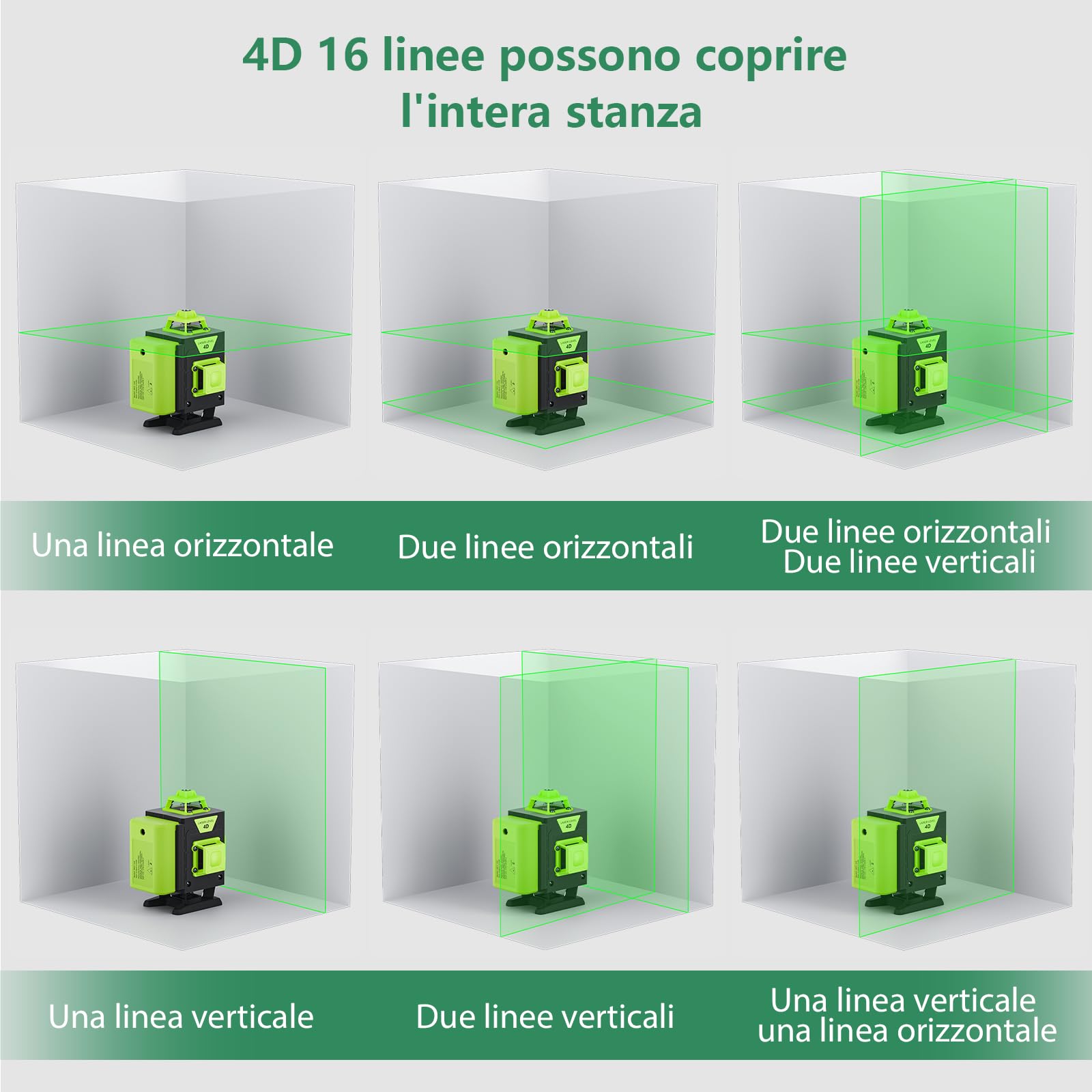 Verde Livella Laser Autolivellante 4x360 °, 16 Linee Livello per lavori di costruzione e per appendere quadri, Telecomando, 2 * batterie