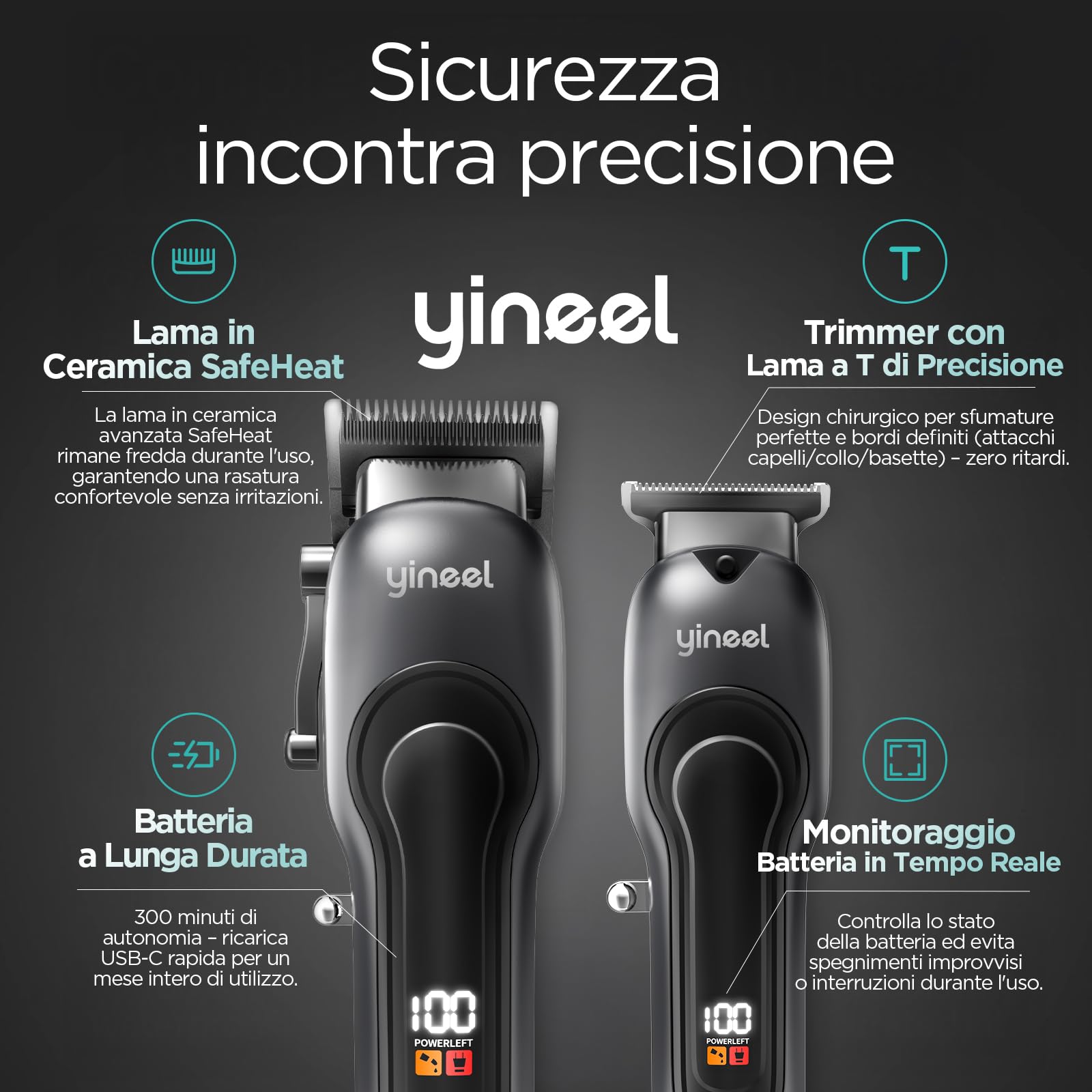 Yineel Tagliacapelli Professionale Uomo, Macchinetta per capelli e Barba Senza Fili con Display LED, Tagliacapelli elettrico con Lama in Ceramica, 300 Min Autonomia, Ricarica USB-C