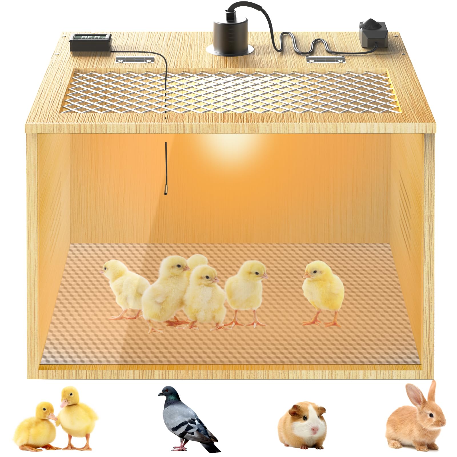 Photo 1 of QVVCOOP Brooder Box for Chicks, 16 Inch Wooden Chicken Brooder Box with 75W Heat Lamps, Thermometer and Tin Foil, Poultry Breeding Kit, Ideal for 3-5 Newborn Chick Duck Quail Bird Hamster, Small