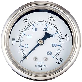PIC Gauge 213D-254R 2.5" Dial, 0/5000 psi Range, 1/4" Male NPT Connection Size, U-Clamp Panel Mount Dry Pressure Gauge with a Stainless Steel Case, Brass Internals, Removable Stainless Steel Bezel, and Glass Lens
