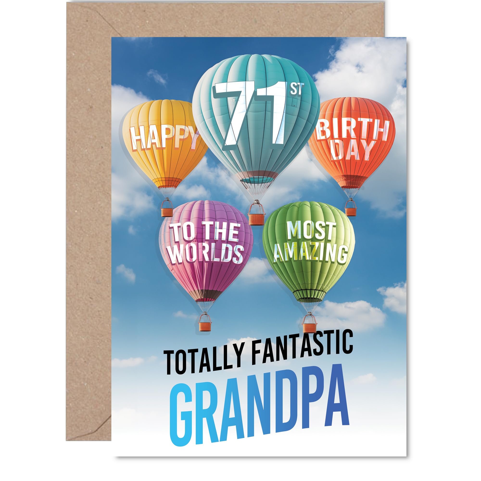 Grandad 71st Birthday Card - Most Amazing Hot Air Balloon - Happy Birthday Card for 71 Year Old Grandad from Grandson Granddaughter, A5 Balloons Stars Bday Greeting Cards