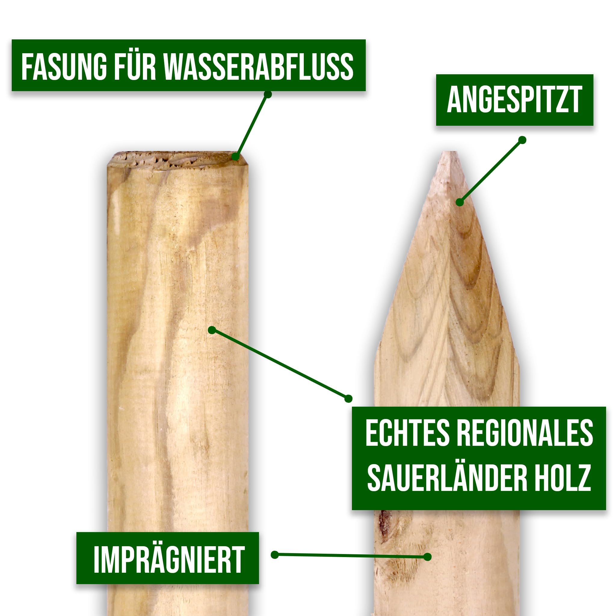 10 Stück Zaunpfähle Holz Ø 4 cm – KDI Grün imprägnierte Rundpfähle aus Sauerländer Holz – angespitzte Baumpfähle in verschiedenen Längen für Garten, Weide & Landschaftsbau (125 cm Länge)