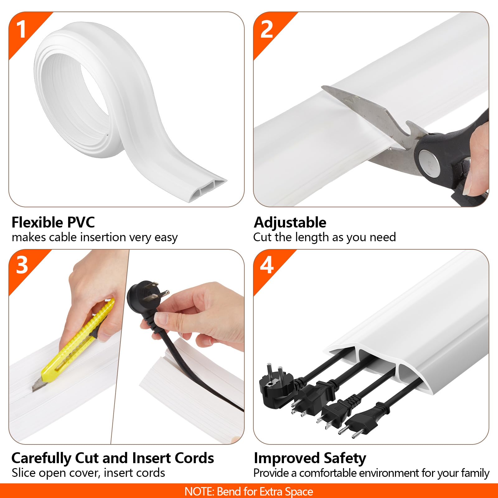 Passe Câble Sol 2M, Blanc Couvre-câble de Sol, Protecteur de câbles de Plancher de 2 mètres avec 3 passages pour câbles et Fils, Cache-câble de Sol, Protection de de câble de Sol